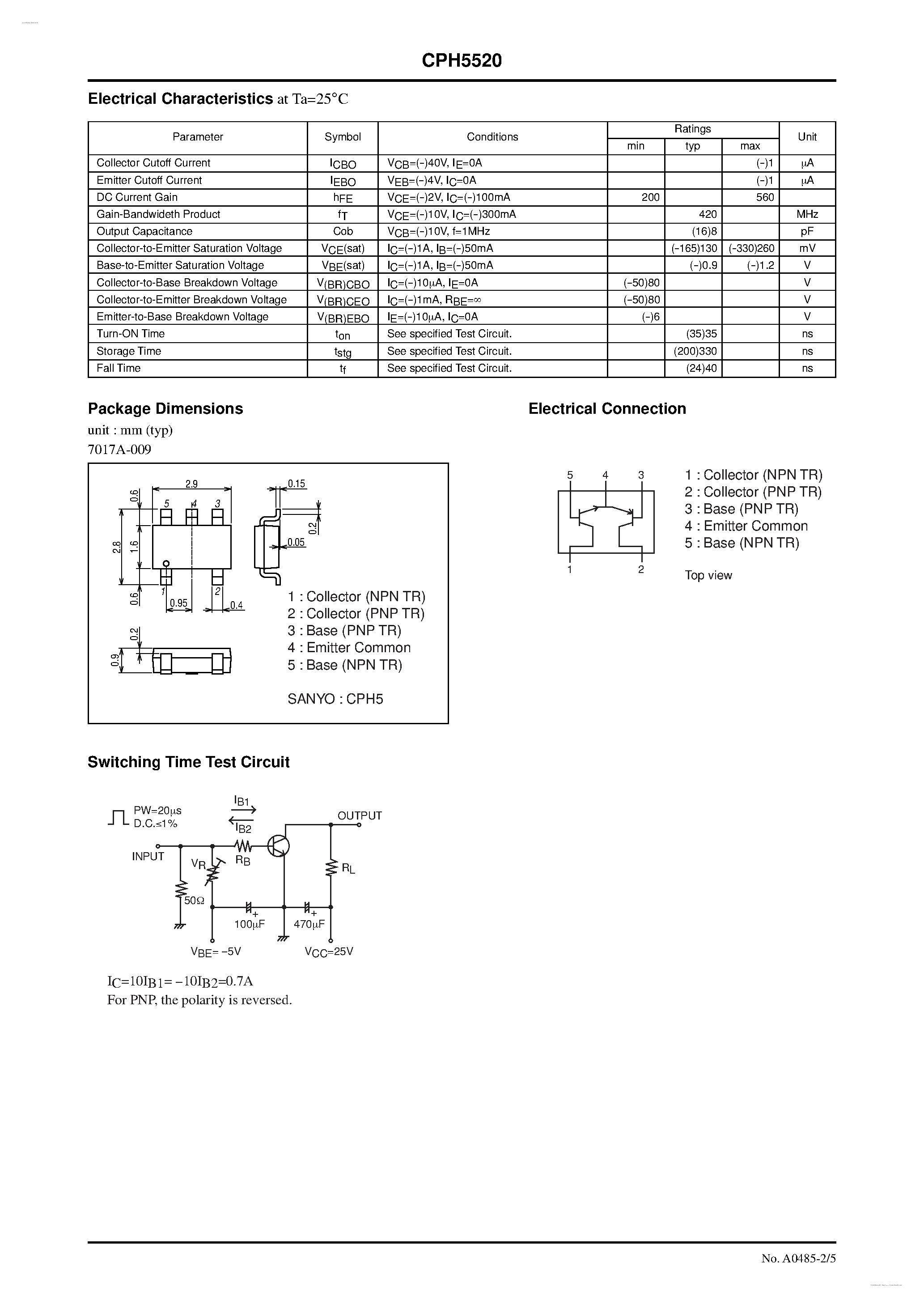 Даташит CPH5520 - PNP / NPN Epitaxial Planar Silicon Transistors страница 2