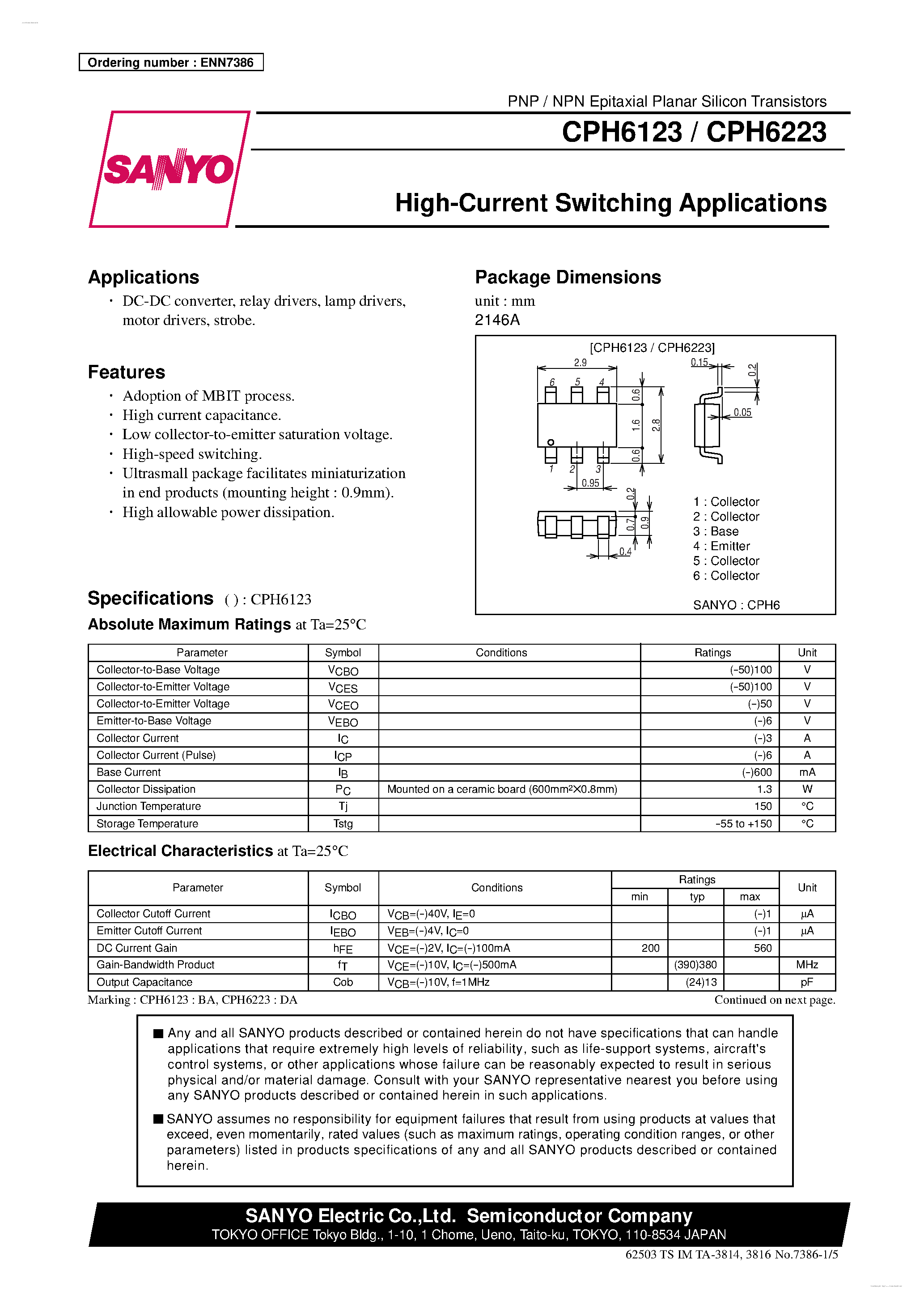Даташит на микросхему CPH6123 страница 1 Даташит CPH6123 - (CPH6123 / CPH6223) High-Current Switching Applications страница 1