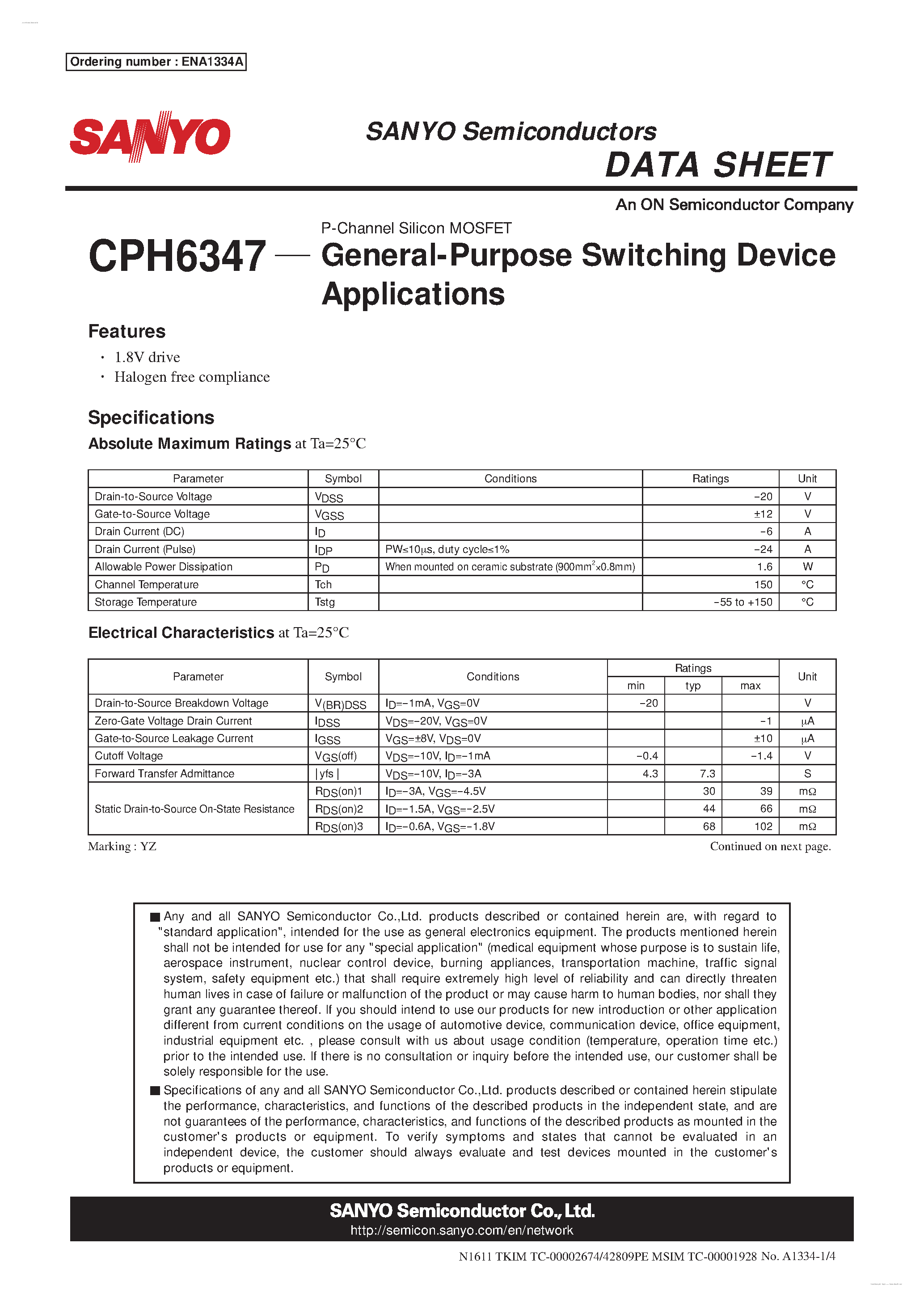 Даташит CPH6347 - P-Channel Silicon MOSFET страница 1