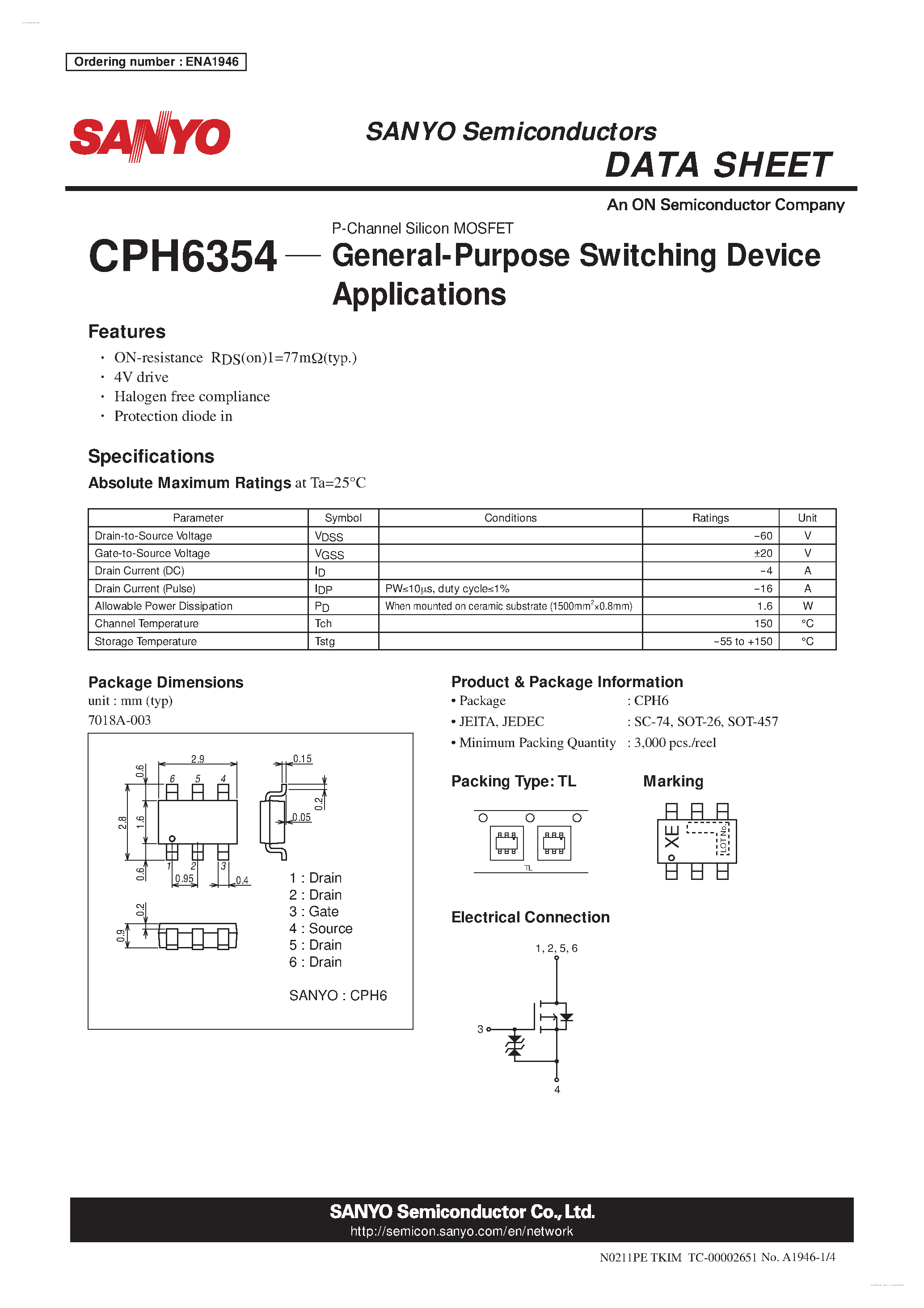 Даташит CPH6354 - P-Channel Silicon MOSFET страница 1