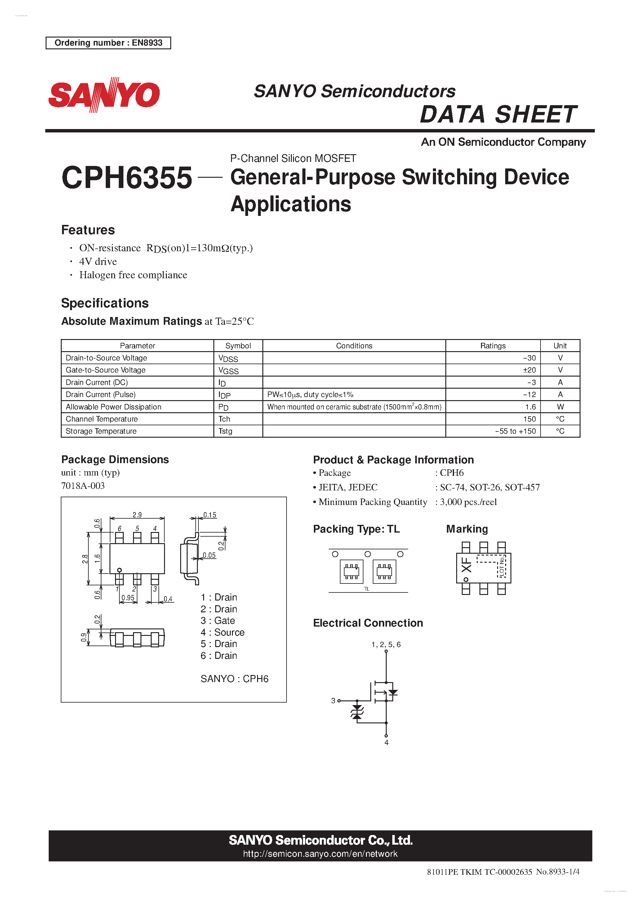 Даташит CPH6355 - P-Channel Silicon MOSFET страница 1