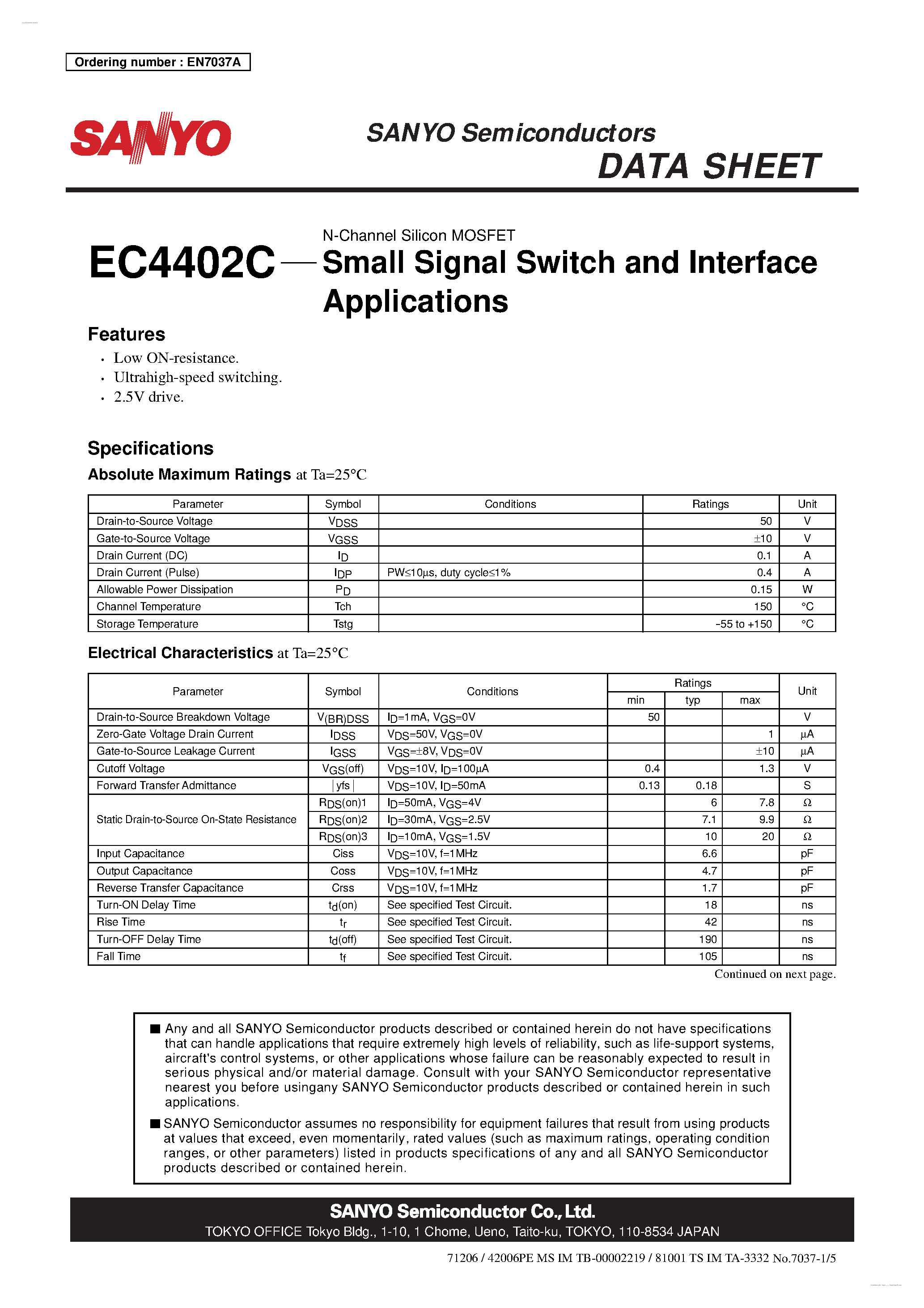 Даташит на микросхему EC4402C страница 1 Даташит EC4402C - Small Signal Switch and Interface Applications страница 1