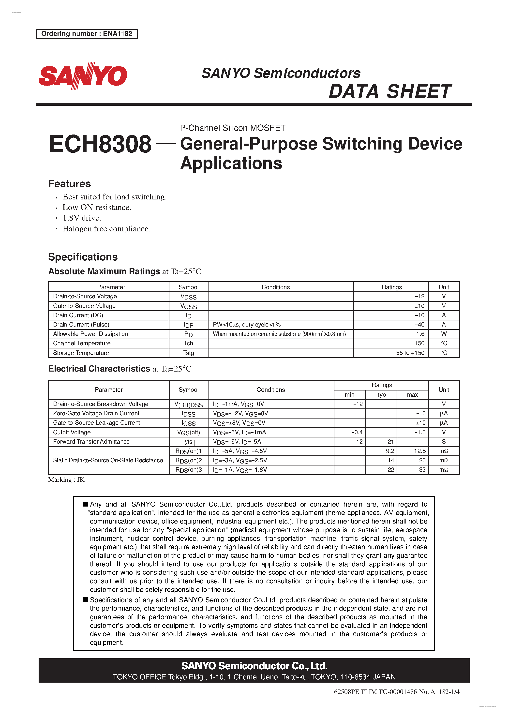 Datasheet ECH8308 - P-Channel Silicon MOSFET page 1