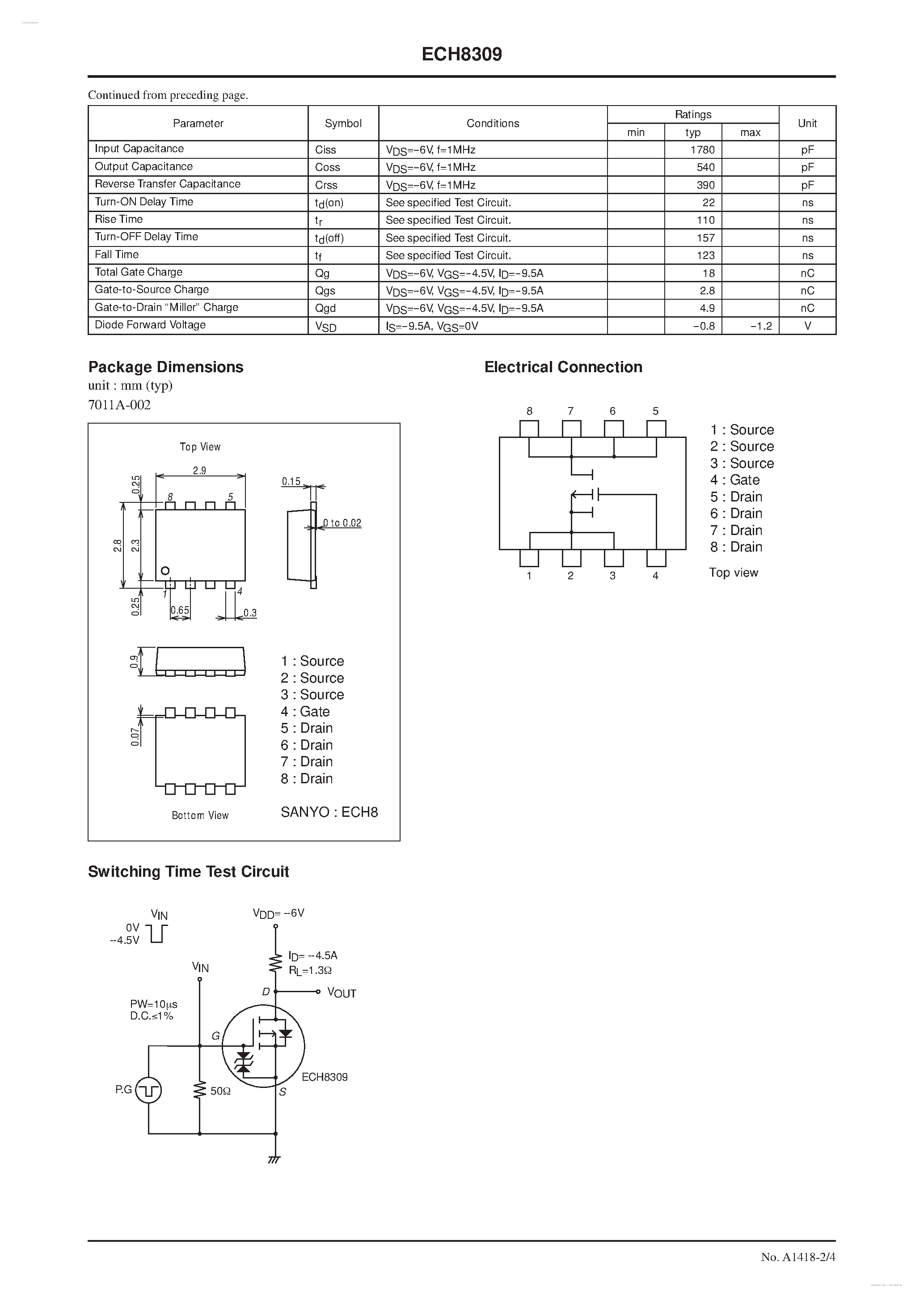 Datasheet ECH8309 - P-Channel Silicon MOSFET page 2