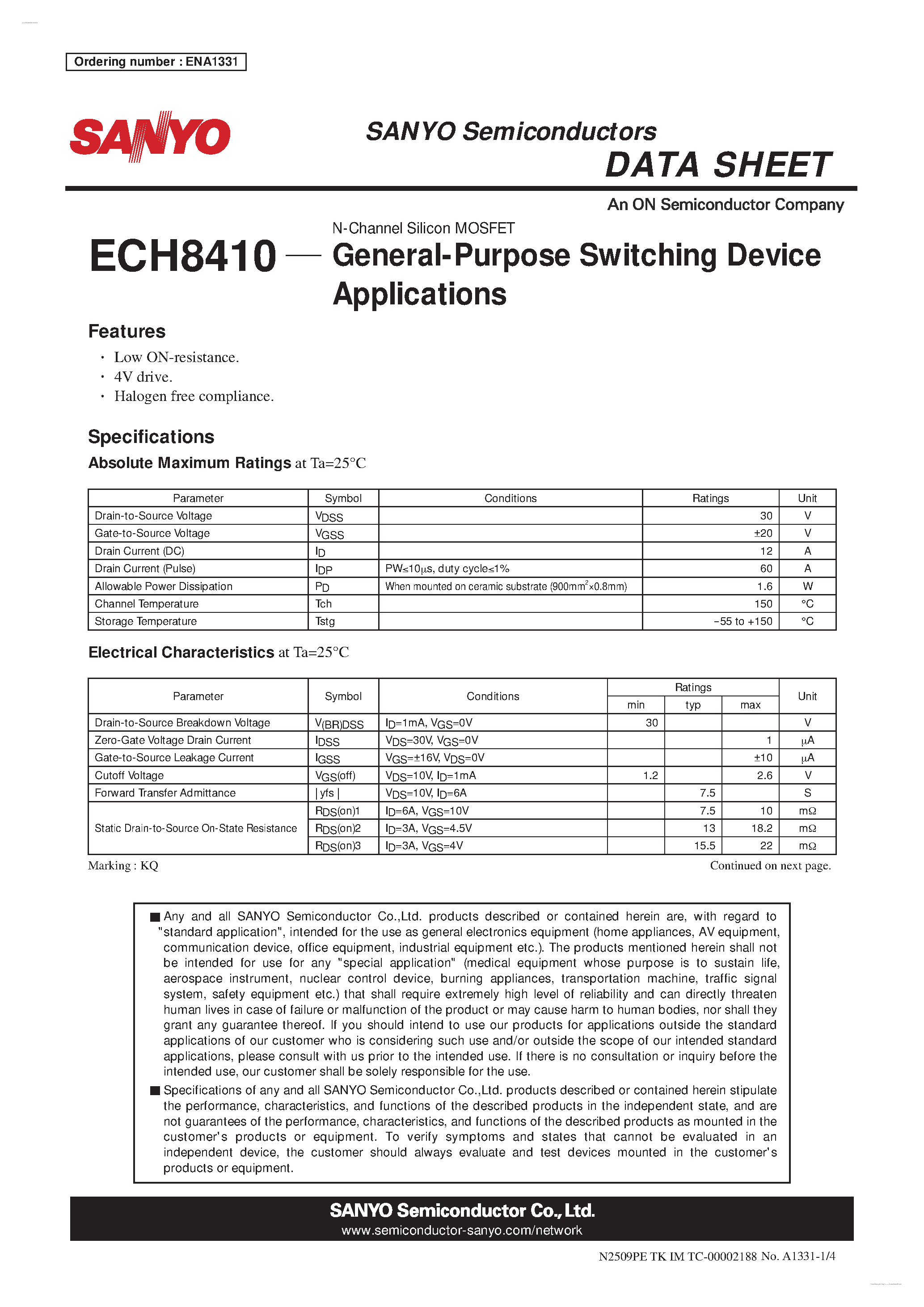 Datasheet ECH8410 - N-Channel Silicon MOSFET page 1