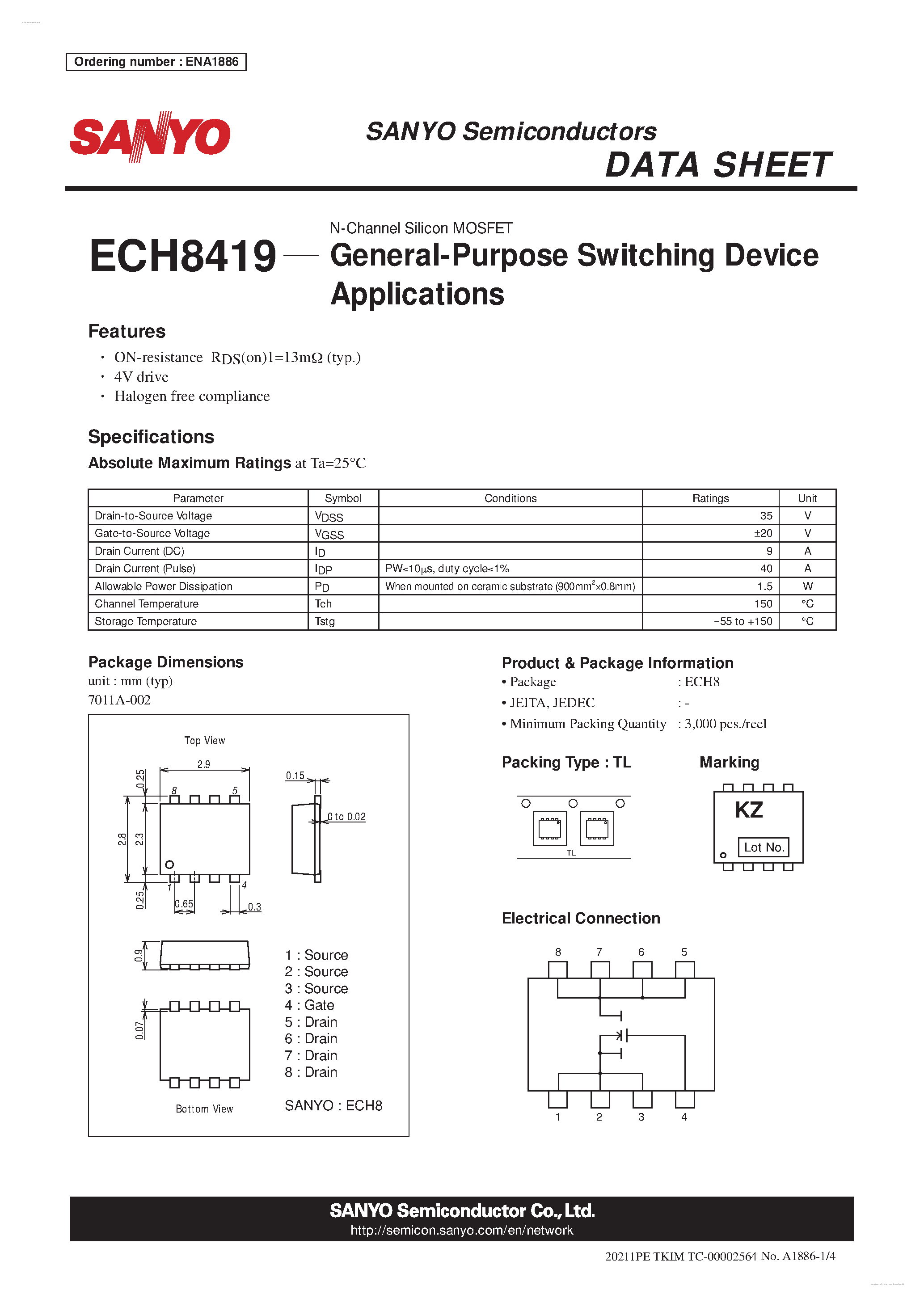Datasheet ECH8419 - N-Channel Silicon MOSFET page 1