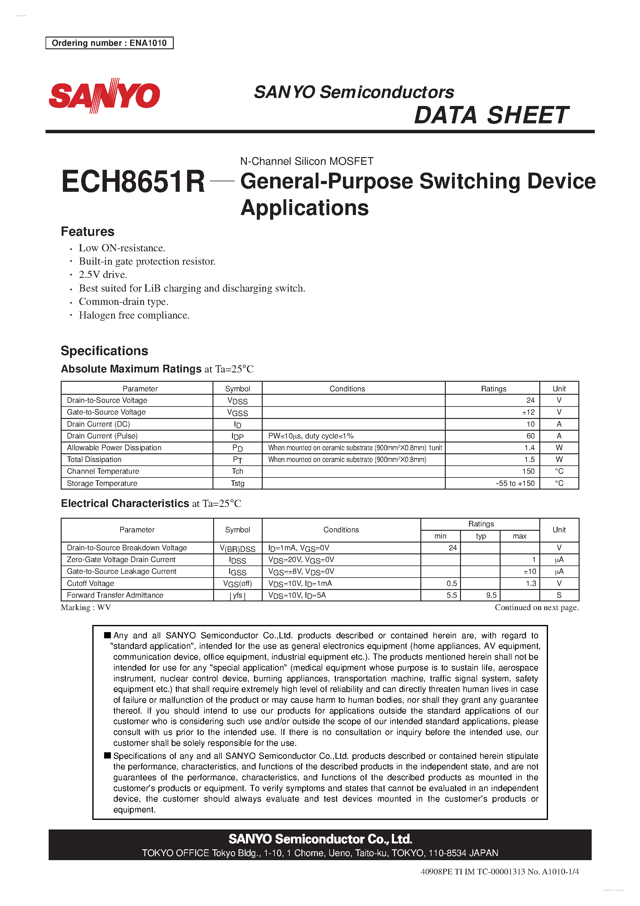 Datasheet ECH8651R - N-Channel Silicon MOSFET page 1