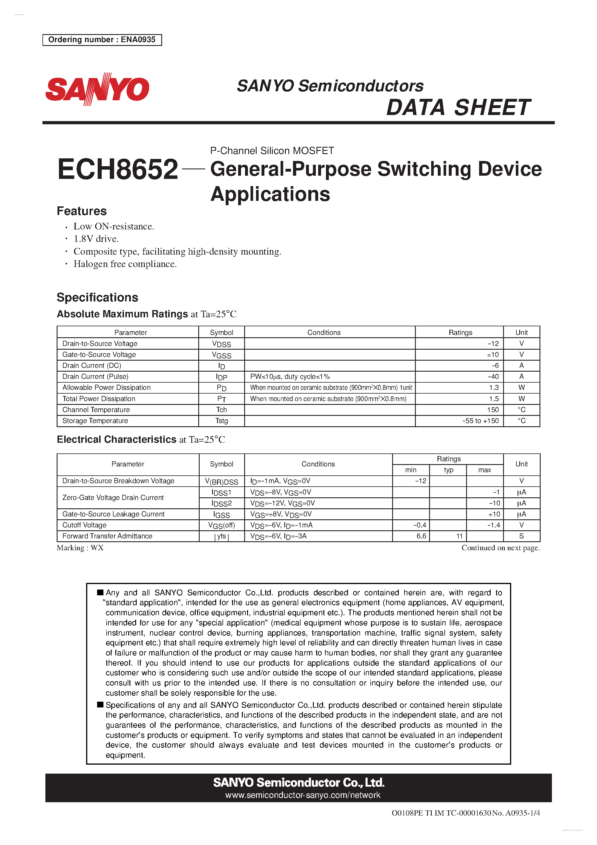 Datasheet ECH8652 - P-Channel Silicon MOSFET page 1