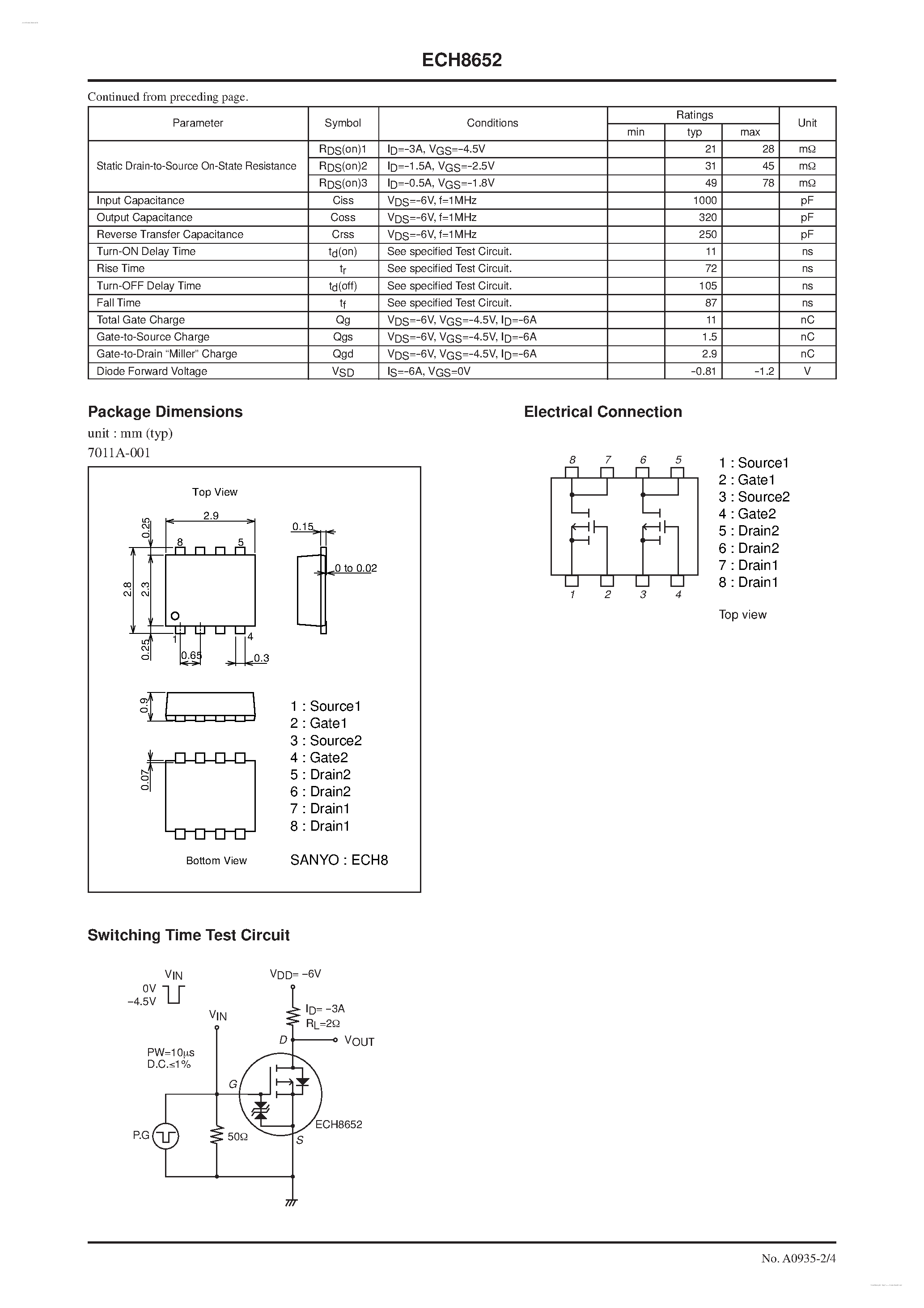 Datasheet ECH8652 - P-Channel Silicon MOSFET page 2