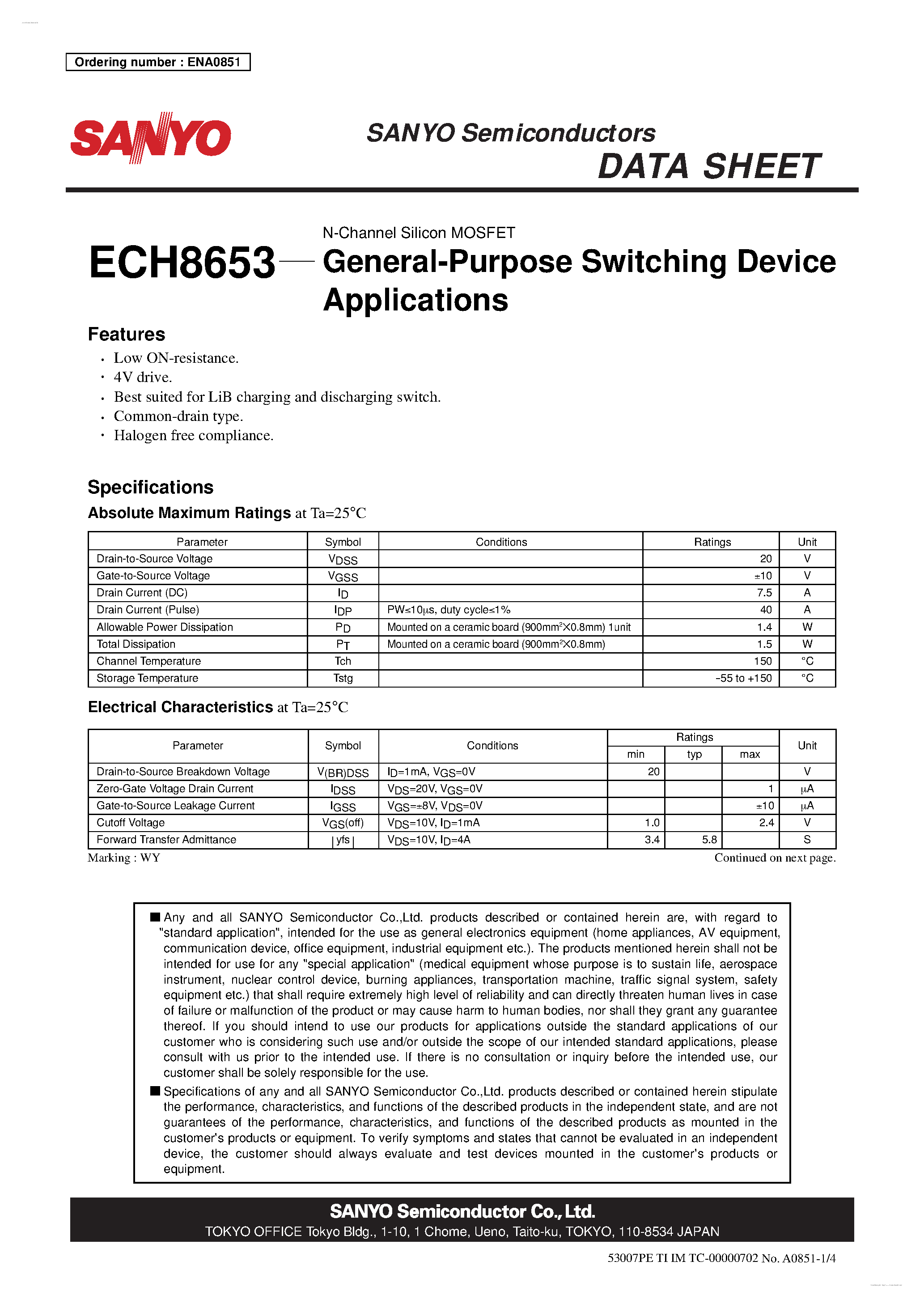 Datasheet ECH8653 - N-Channel Silicon MOSFET page 1