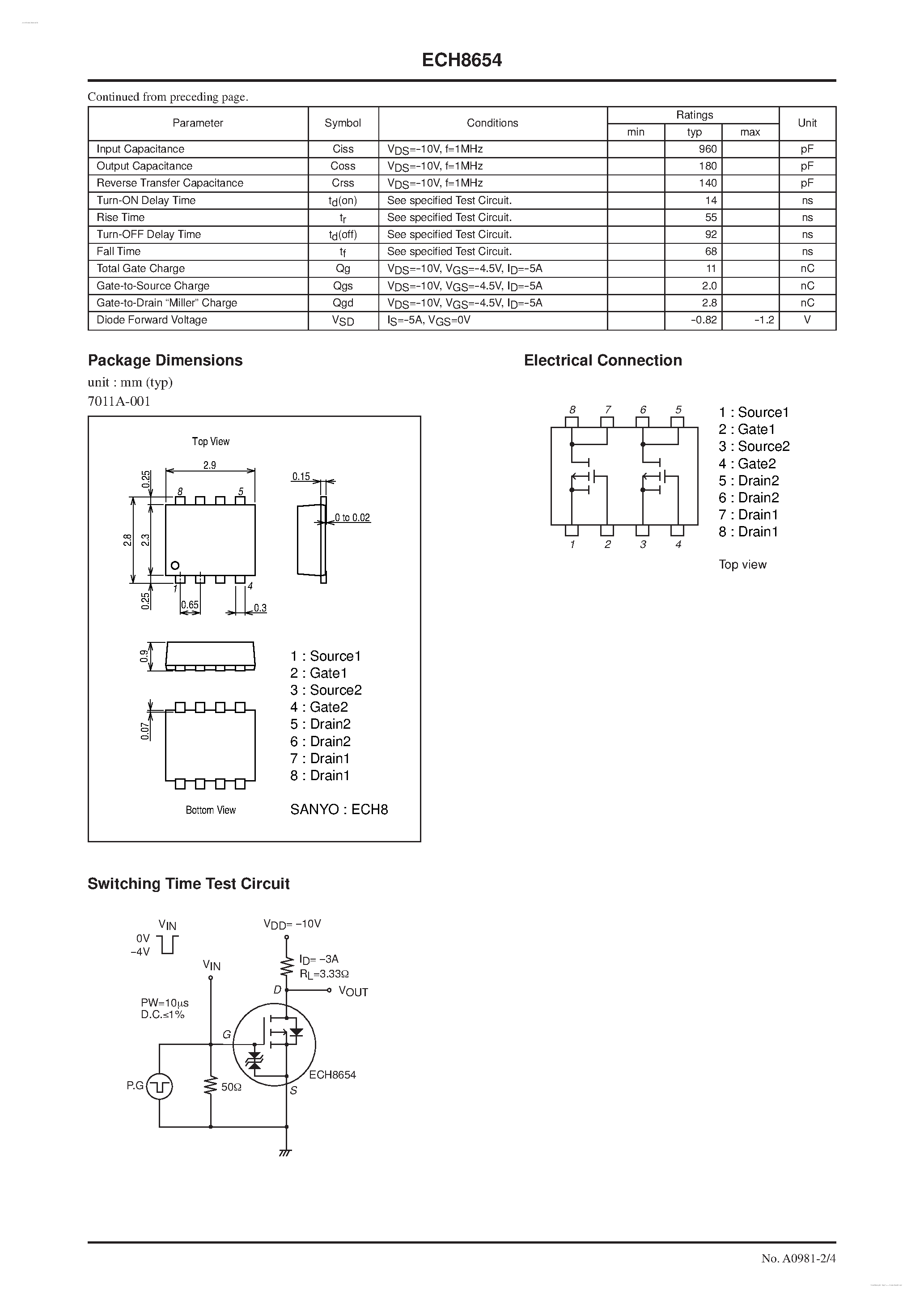 Datasheet ECH8654 - P-Channel Silicon MOSFET page 2