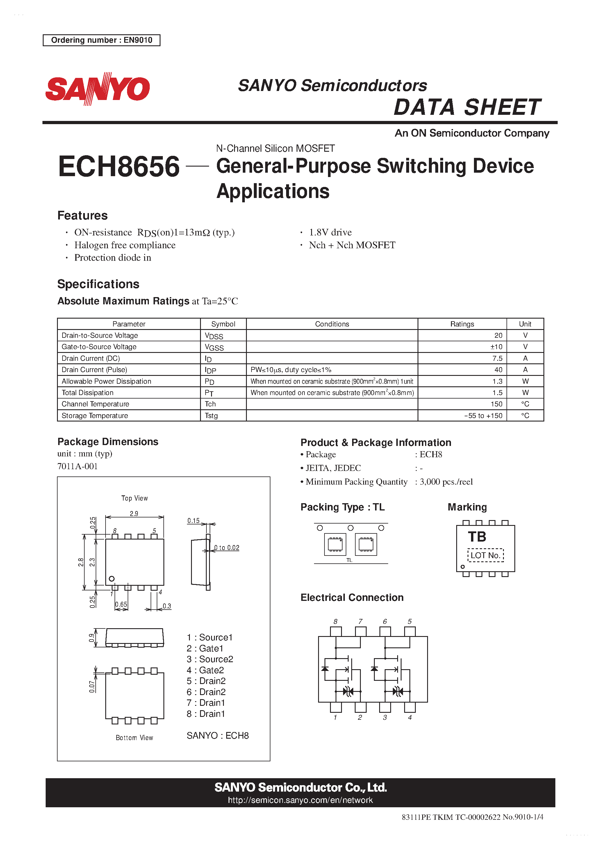 Datasheet ECH8656 - N-Channel Silicon MOSFET page 1