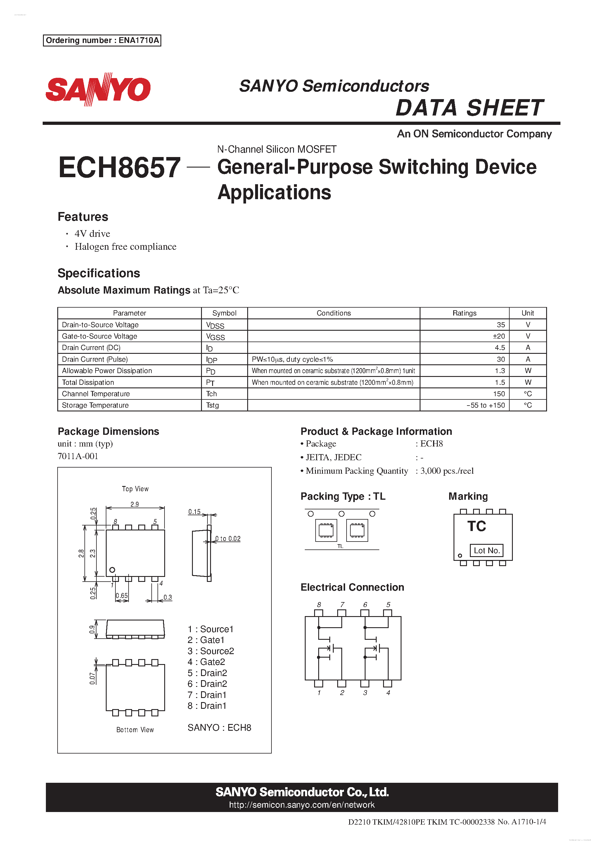 Datasheet ECH8657 - N-Channel Silicon MOSFET page 1
