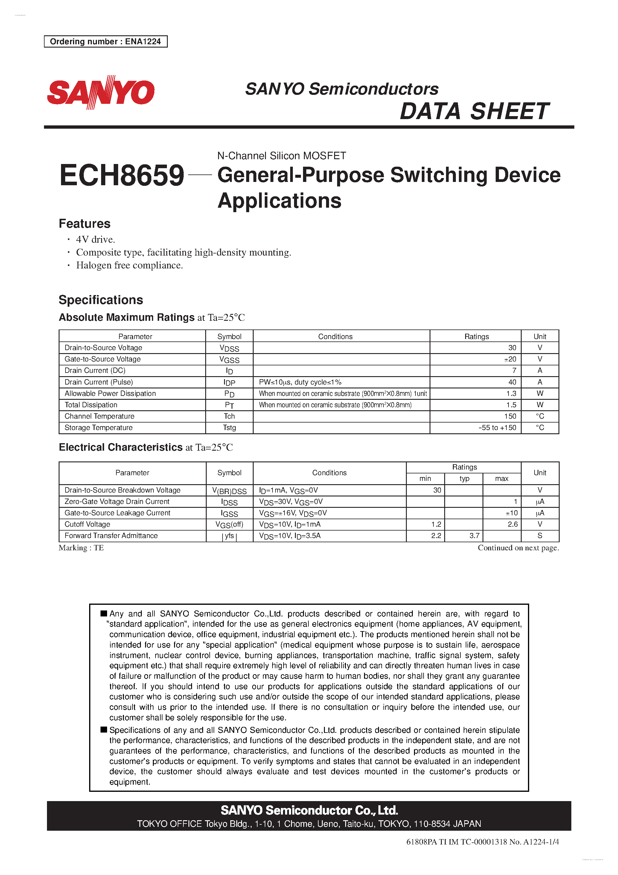Datasheet ECH8659 - N-Channel Silicon MOSFET page 1