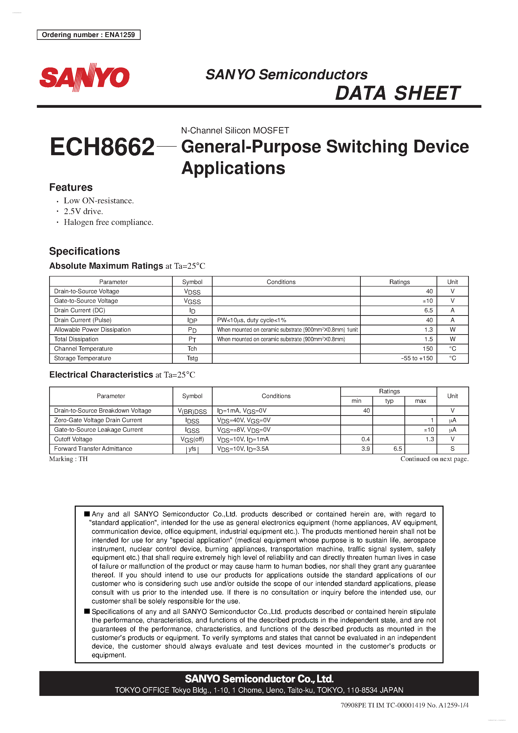 Datasheet ECH8662 - N-Channel Silicon MOSFETs page 1