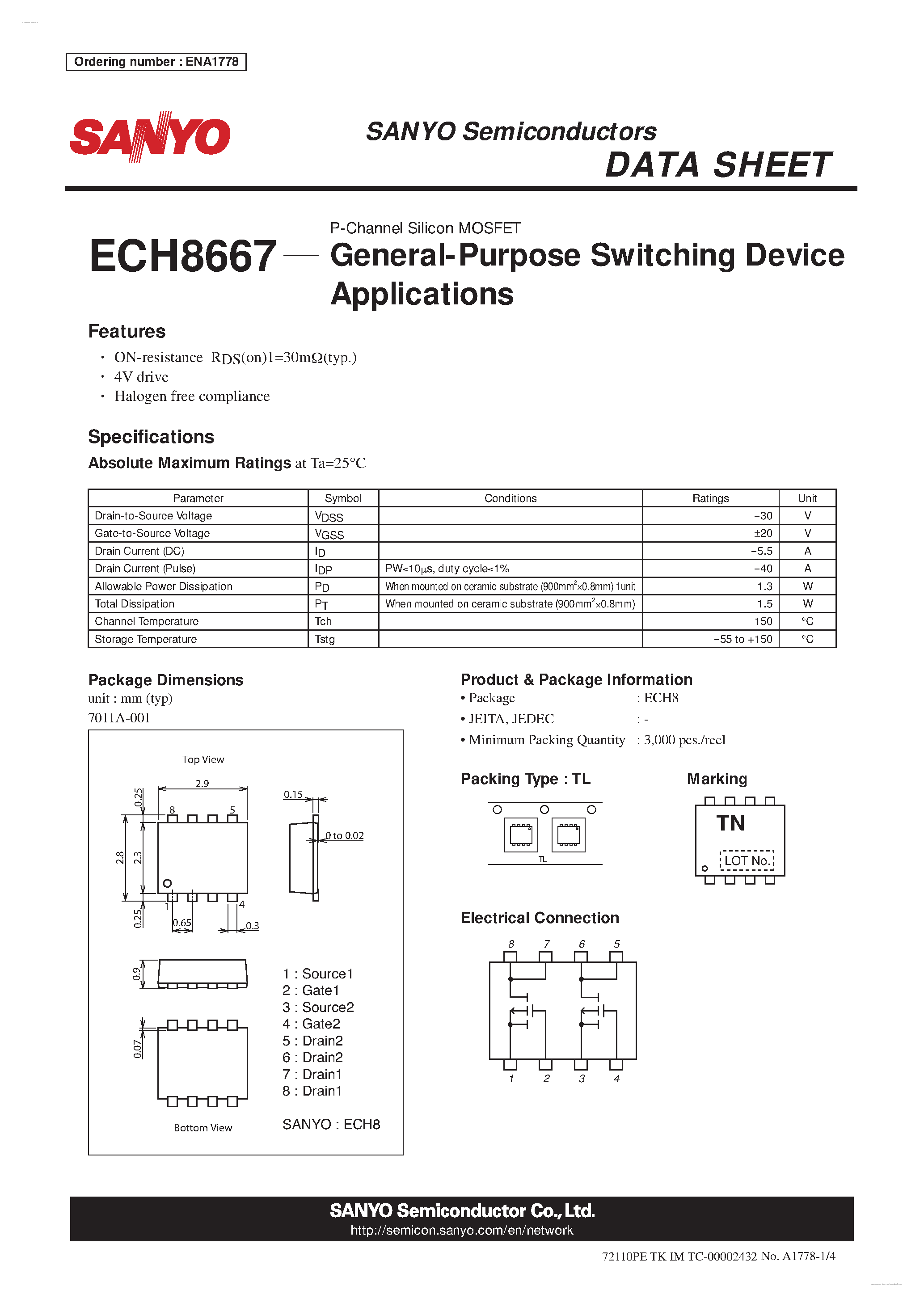Datasheet ECH8667 - P-Channel Silicon MOSFETs page 1