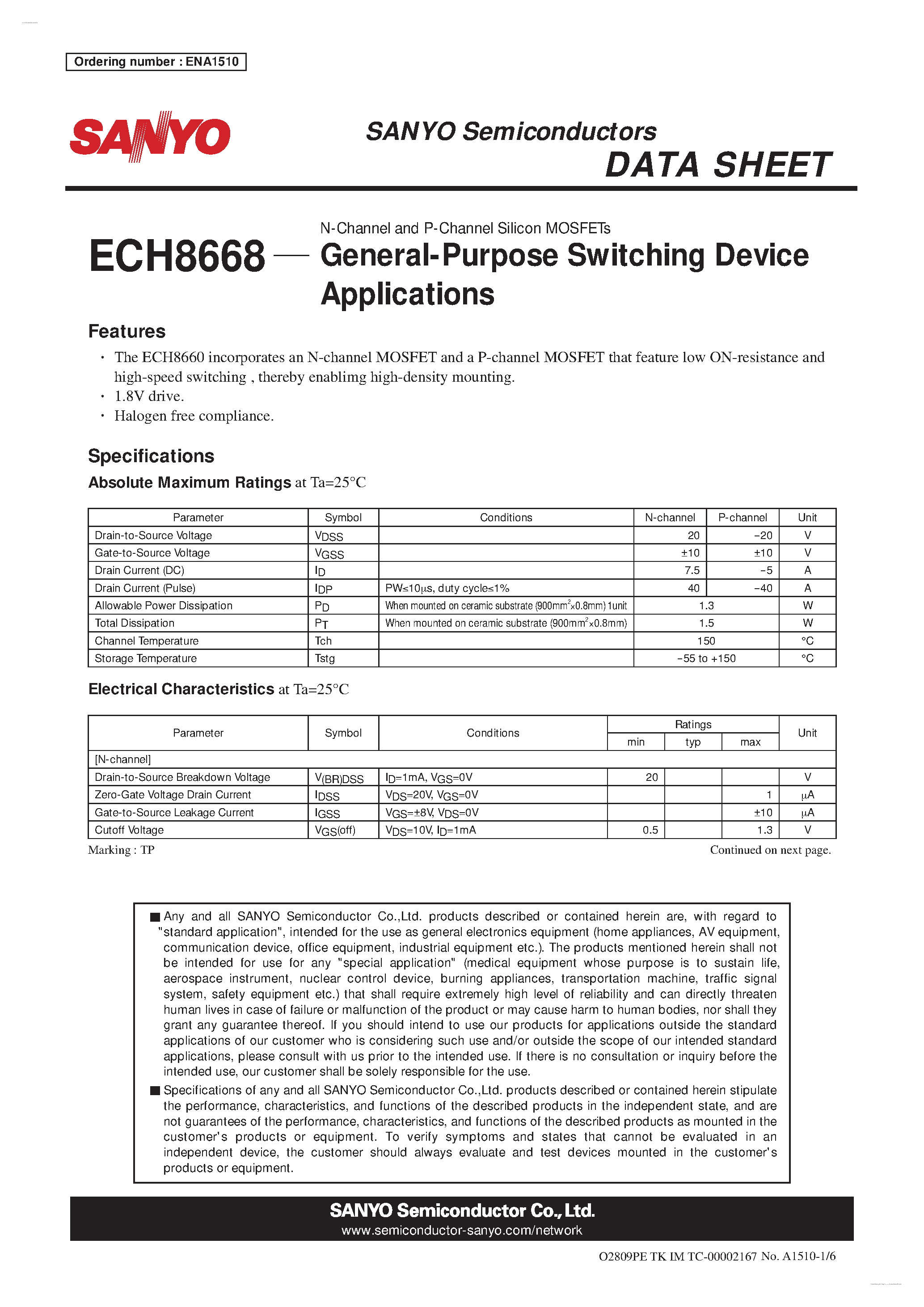 Datasheet ECH8668 - N-Channel and P-Channel Silicon MOSFETs page 1