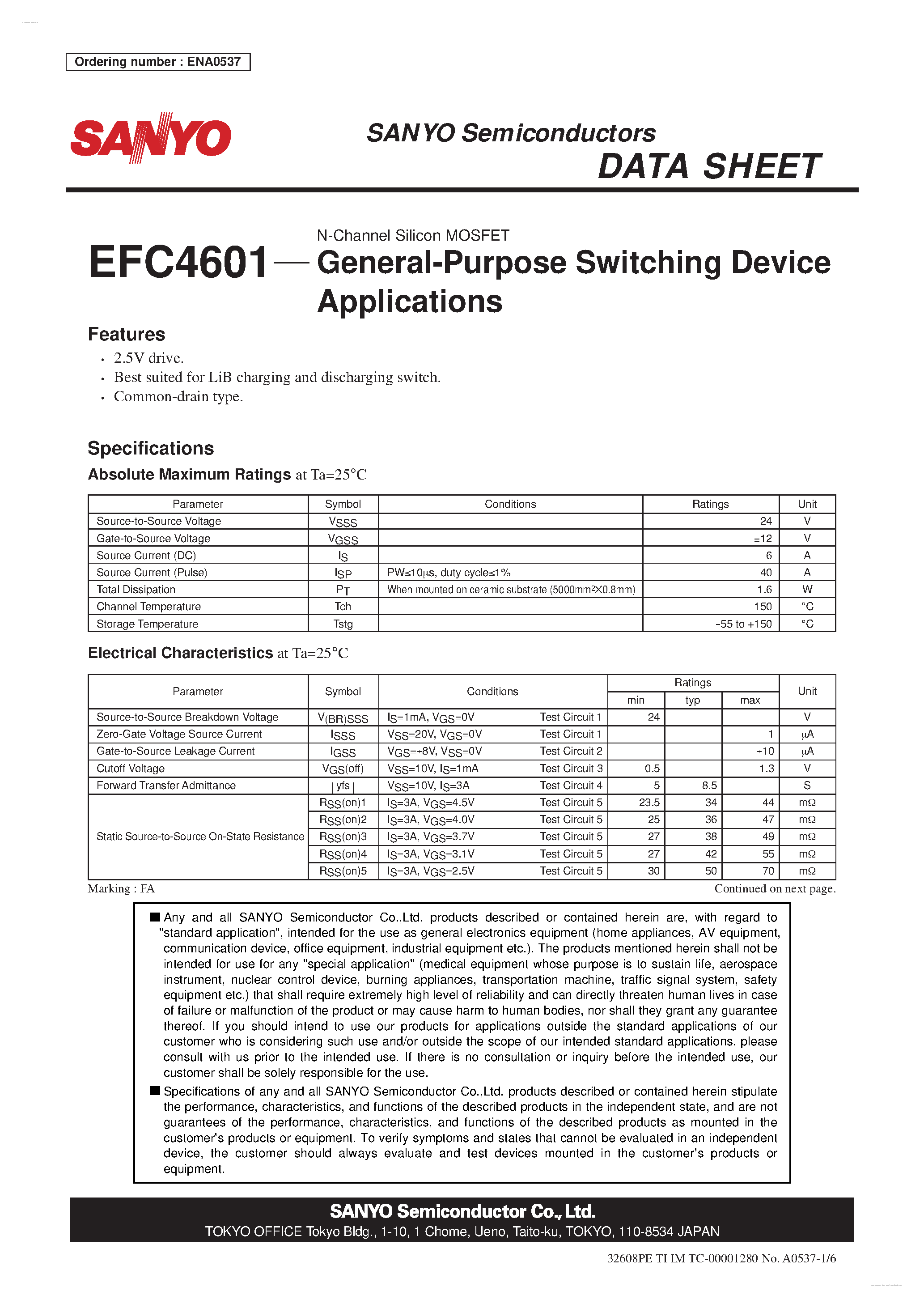 Datasheet EFC4601 - N-Channel Silicon MOSFET page 1