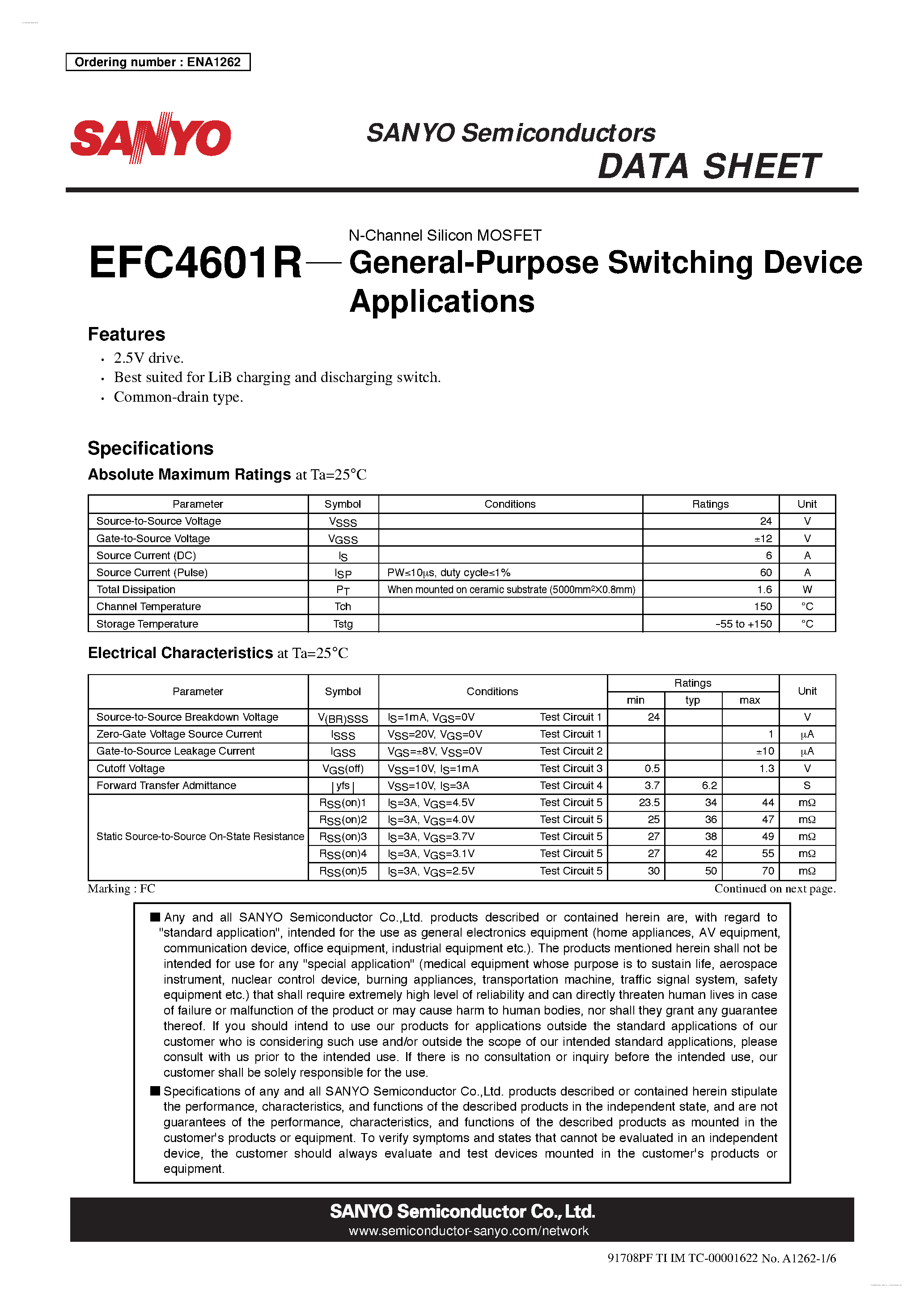 Datasheet EFC4601R - N-Channel Silicon MOSFET page 1