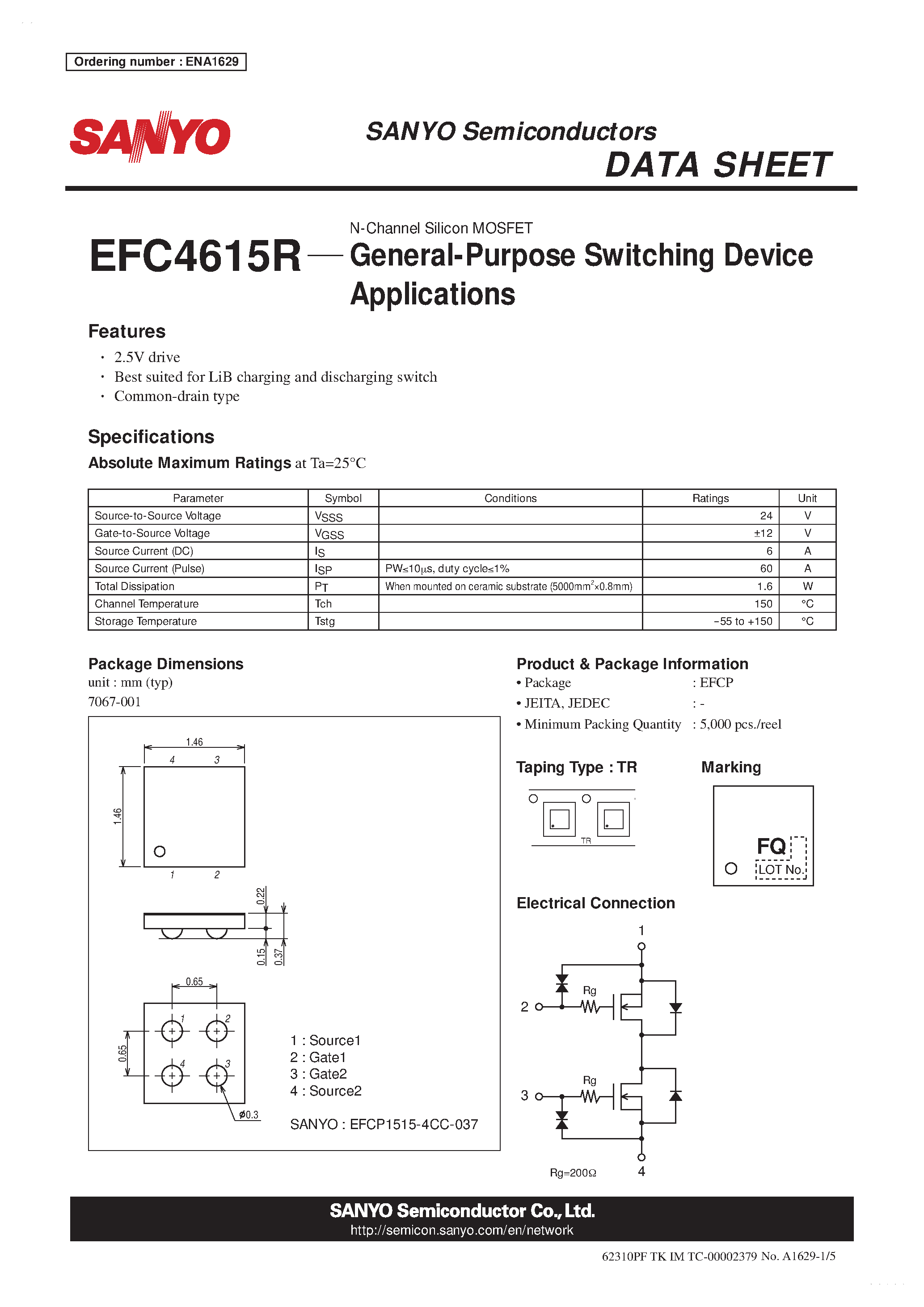 Datasheet EFC4615R - N-Channel Silicon MOSFET page 1