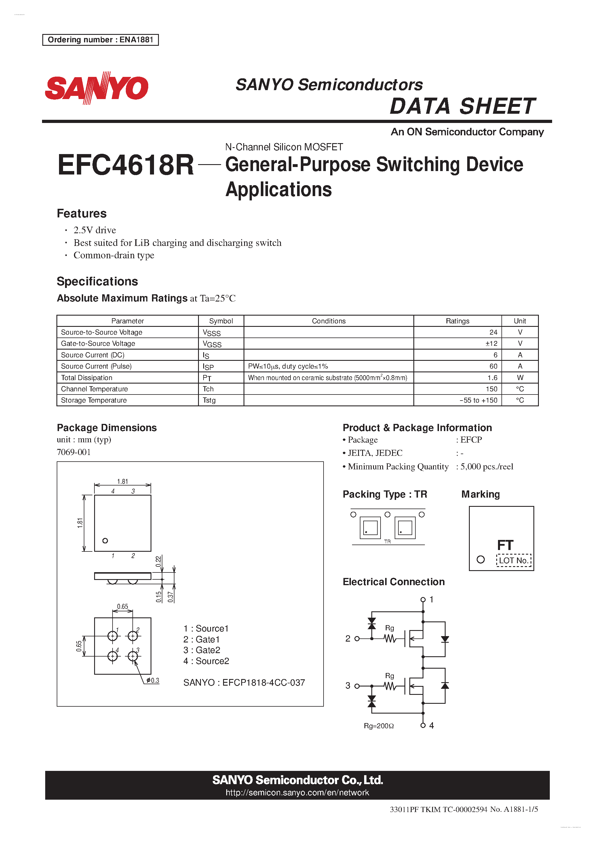 Datasheet EFC4618R - N-Channel Silicon MOSFET page 1