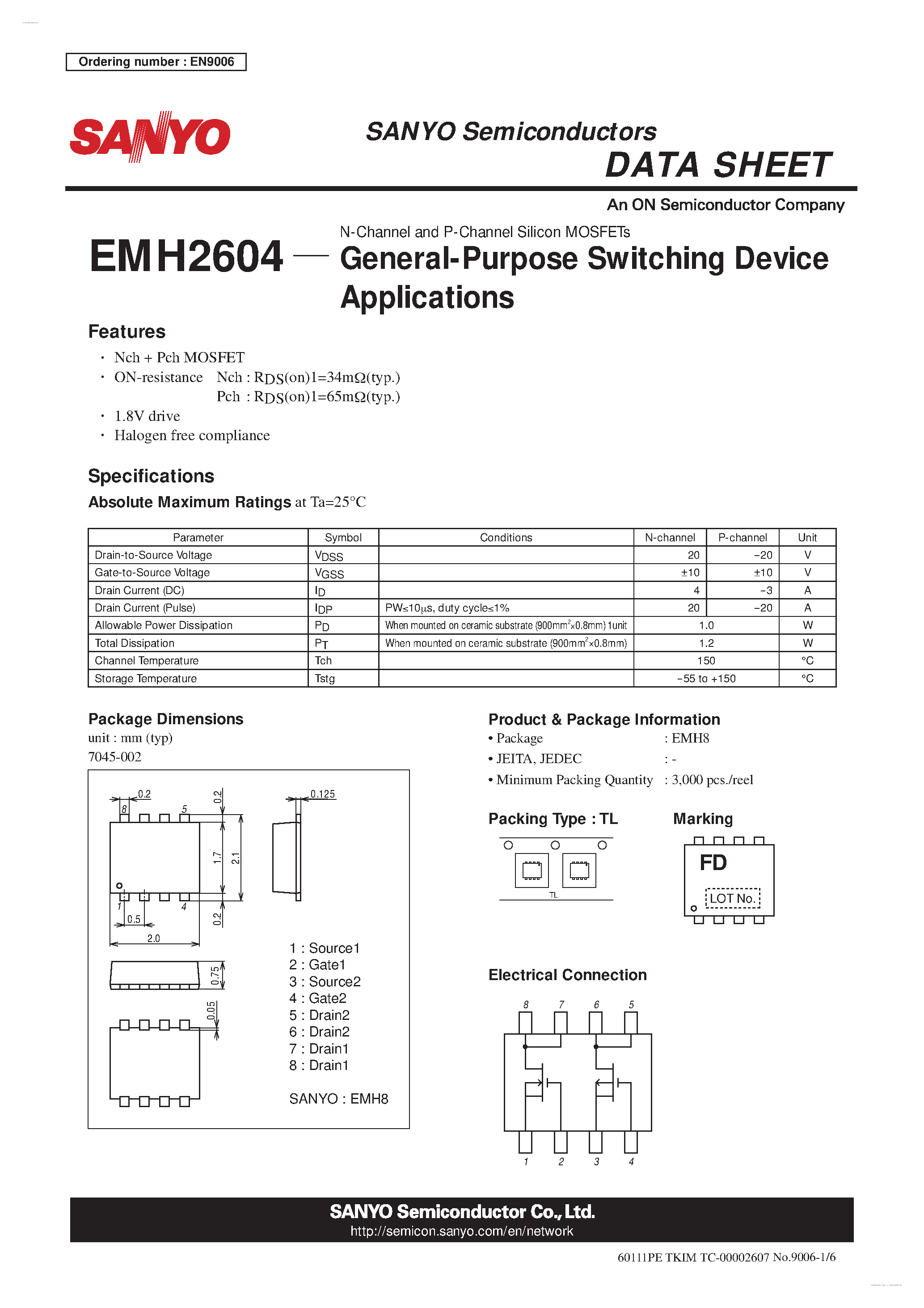 Datasheet EMH2604 - N-Channel and P-Channel Silicon MOSFETs page 1