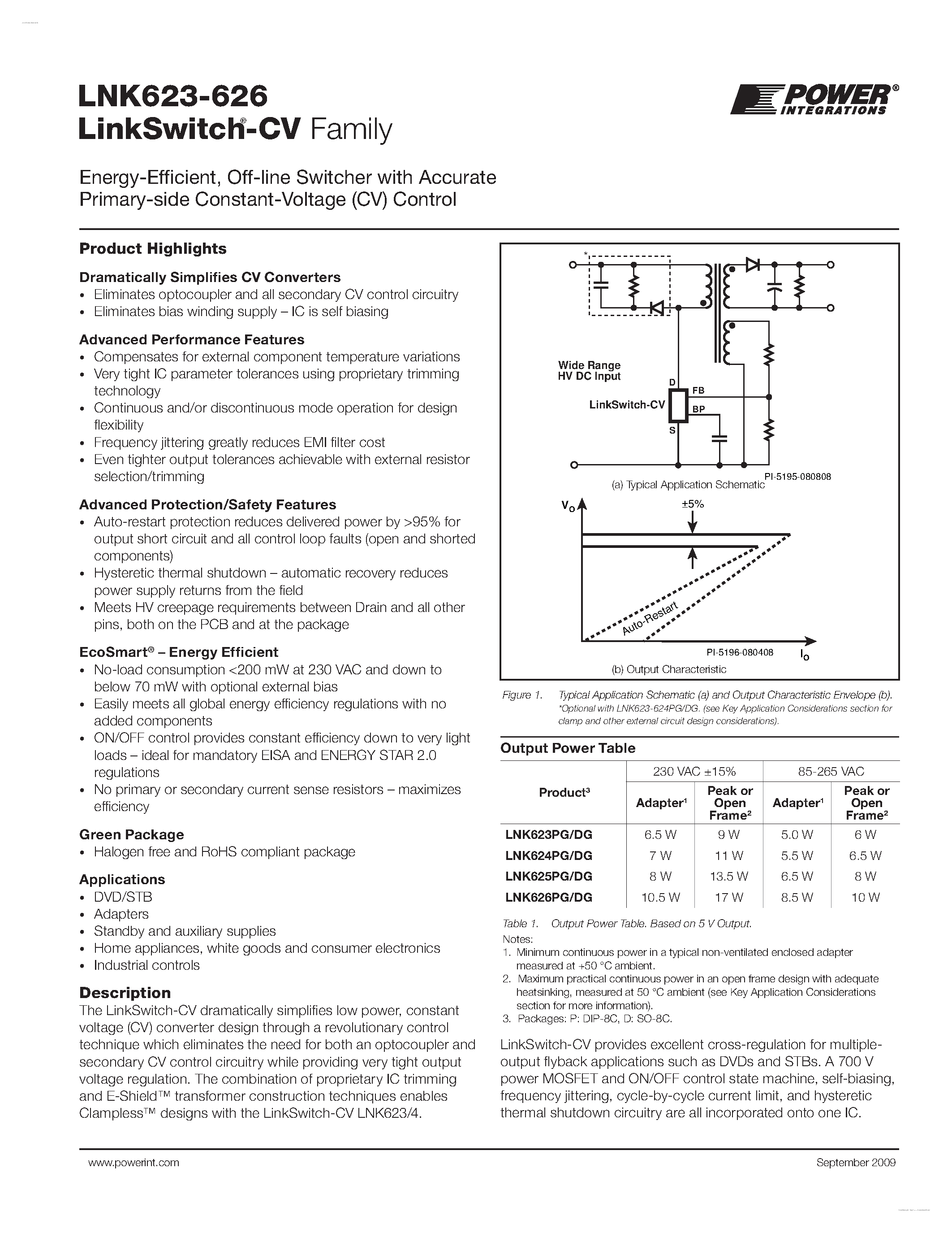 Даташит на микросхему LNK623 страница 1 Даташит LNK623 - (LNK623 - LNK626) Energy-Effi cient / Off-line Switcher страница 1