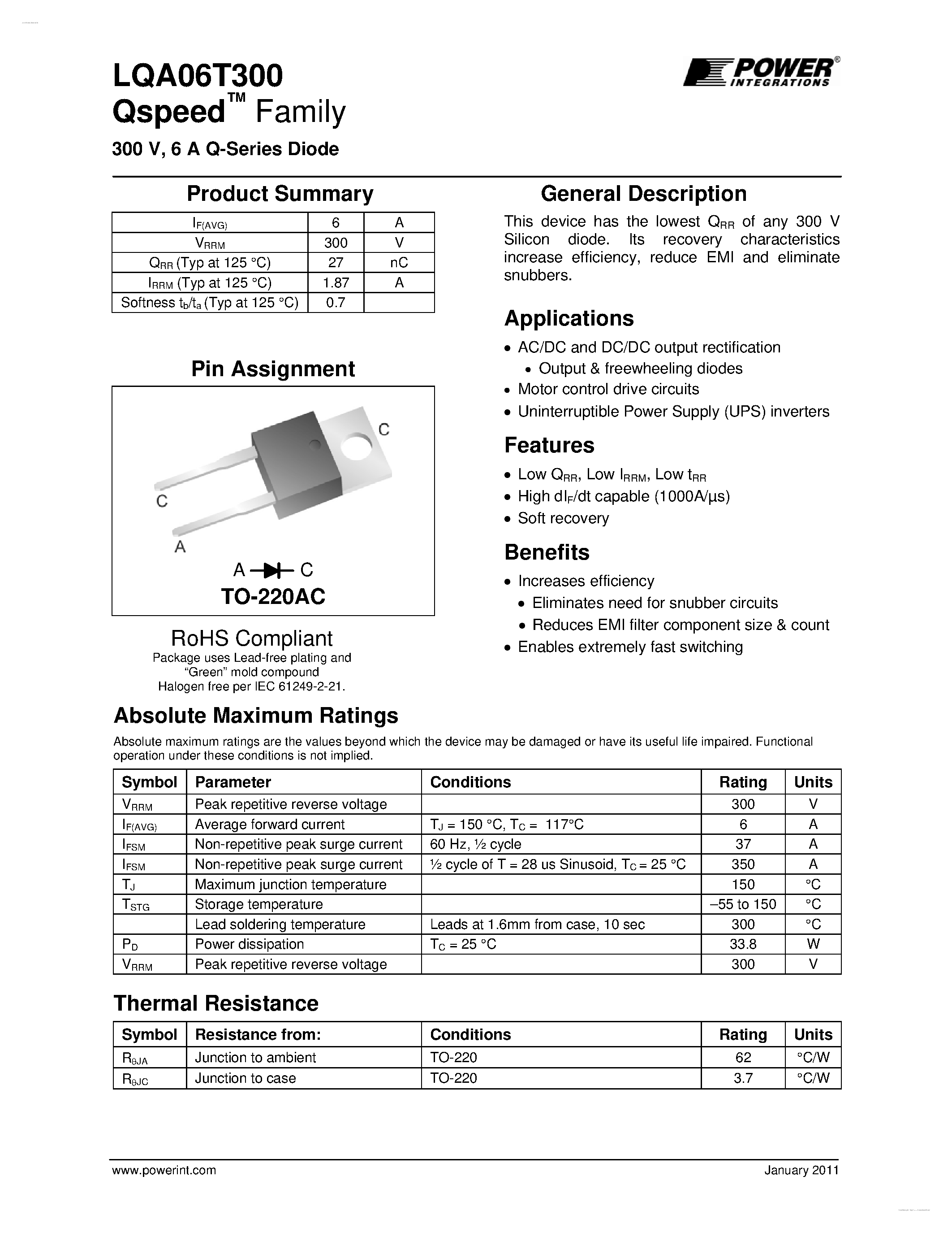 Datasheet LQA06T300 - Q-Series PFC Diode page 1