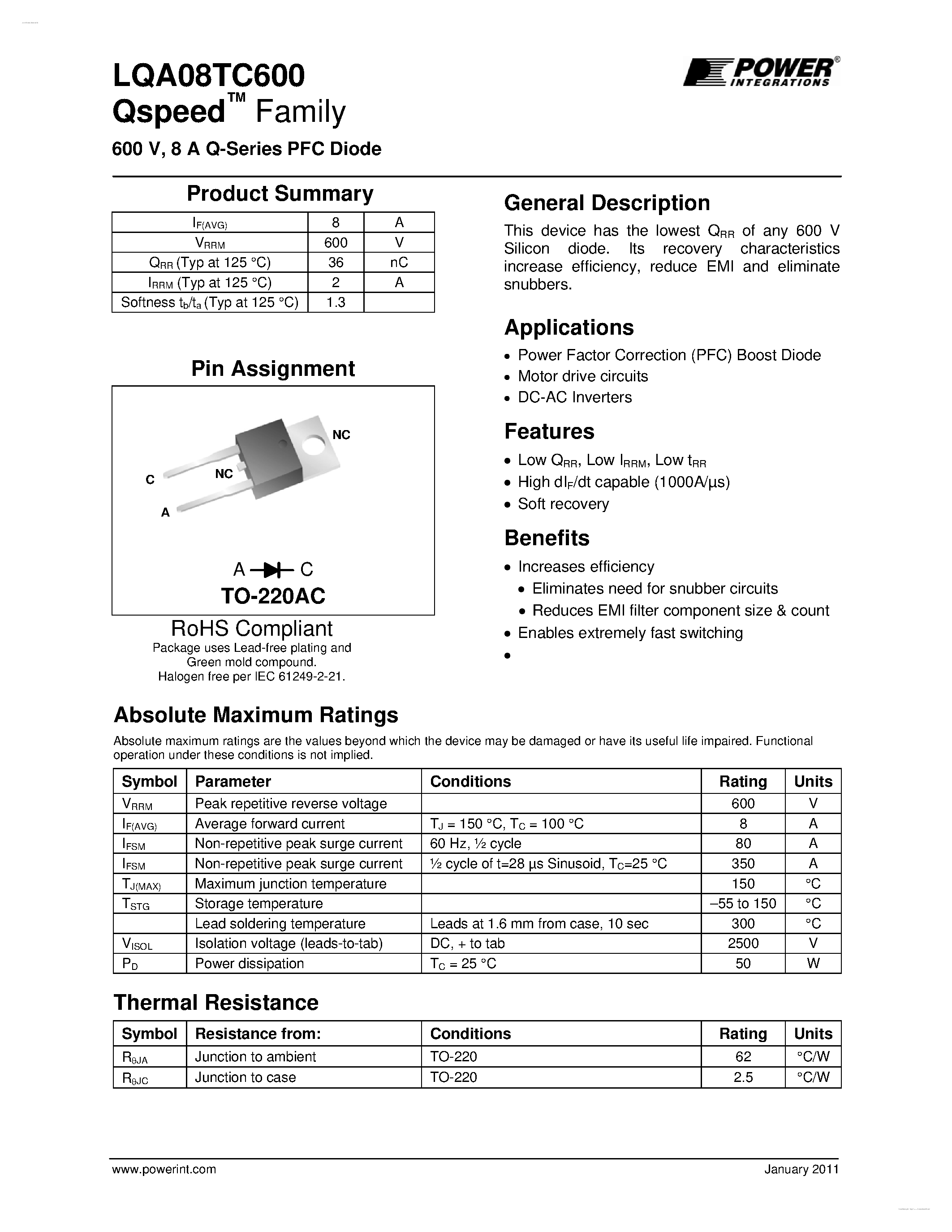 Datasheet LQA08TC600 page 1 Datasheet LQA08TC600 - Q-Series PFC Diode page 1
