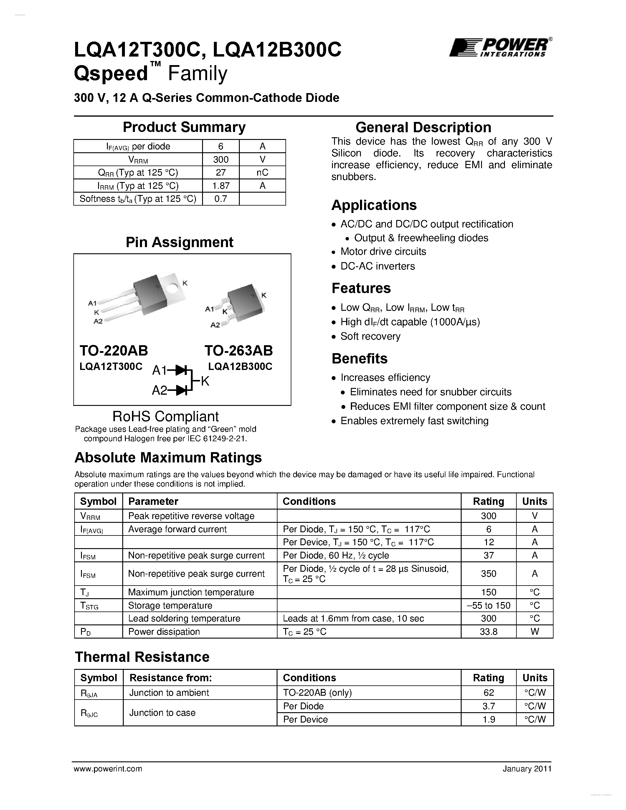 Datasheet LQA12B300C page 1 Datasheet LQA12B300C - Q-Series Common-Cathode Diode page 1