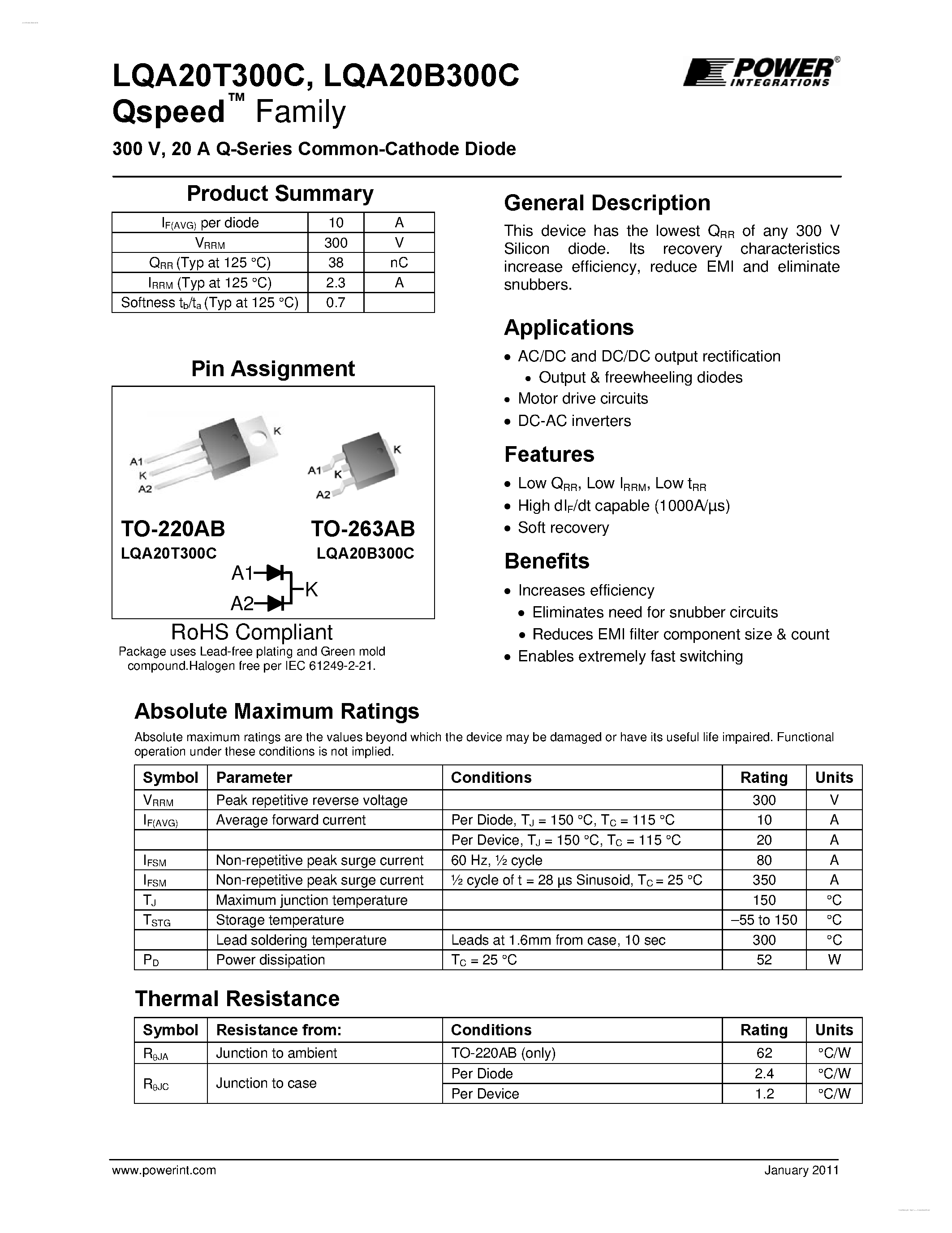 Datasheet LQA20B300C page 1 Datasheet LQA20B300C - Q-Series Common-Cathode Diode page 1