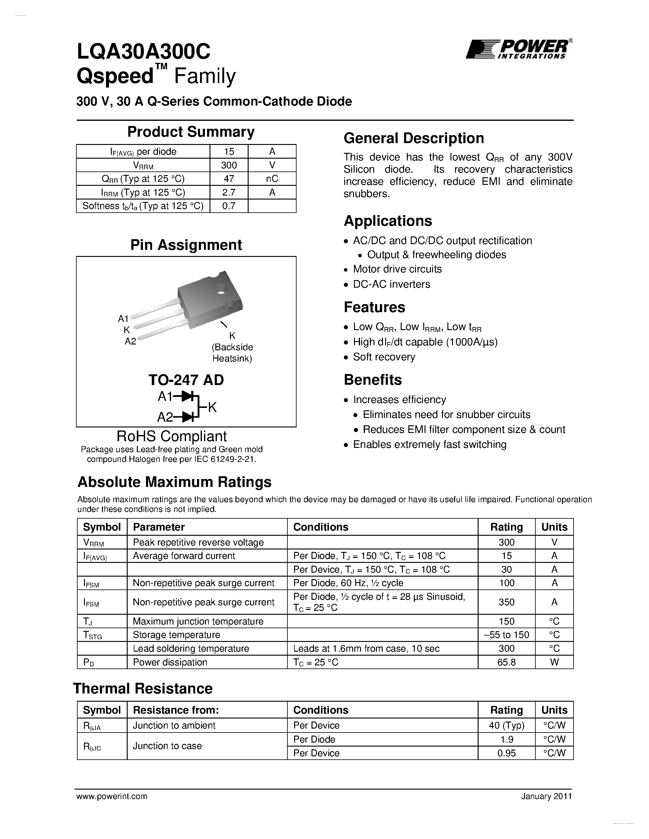 Datasheet LQA30A300C page 1 Datasheet LQA30A300C - Q-Series Common-Cathode Diode page 1