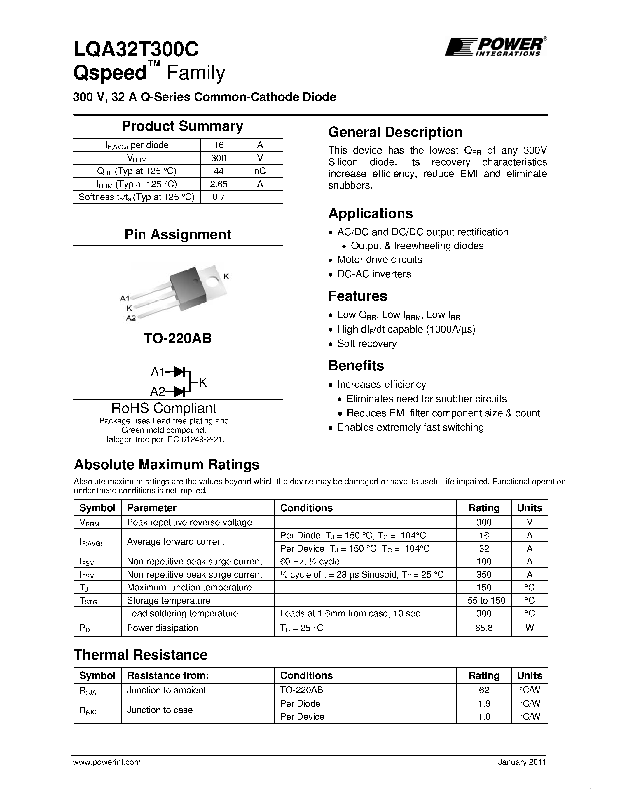 Datasheet LQA32T300C page 1 Datasheet LQA32T300C - Q-Series Common-Cathode Diode page 1
