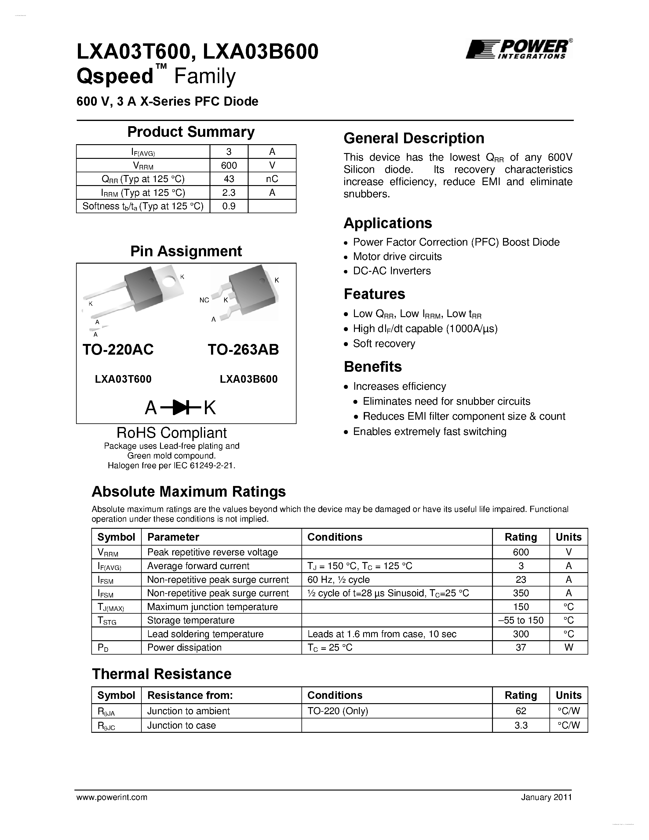 Datasheet LXA03B600 - X-Series PFC Diode page 1