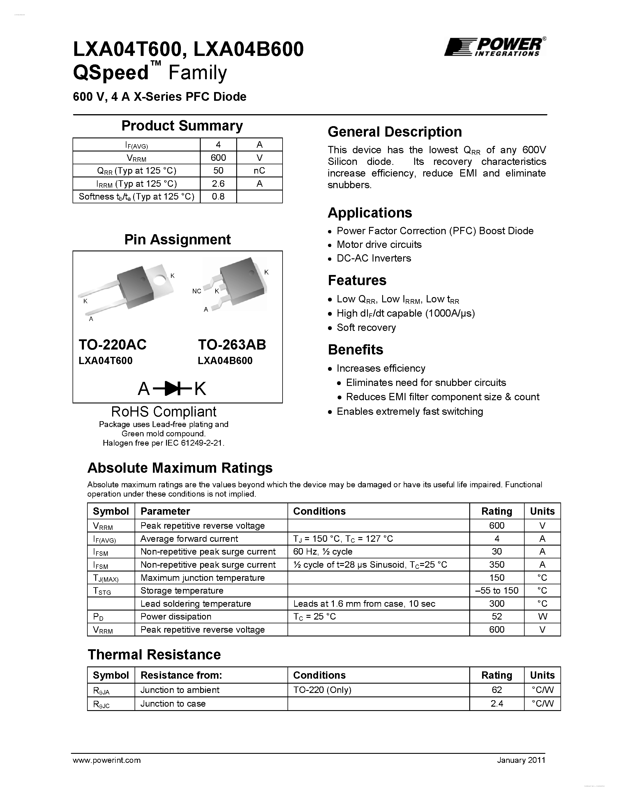 Datasheet LXA04B600 - X-Series PFC Diode page 1