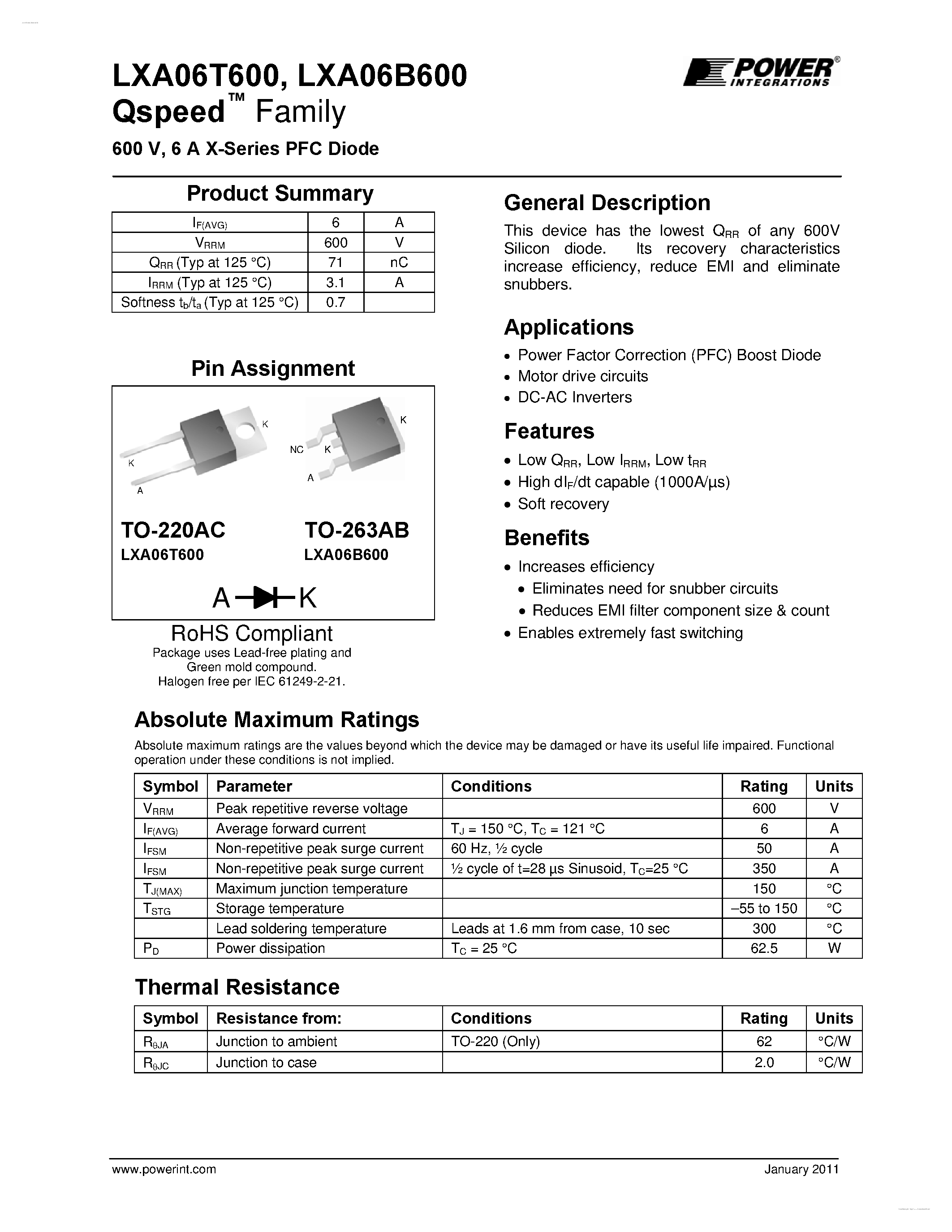Datasheet LXA06B600 - X-Series PFC Diode page 1