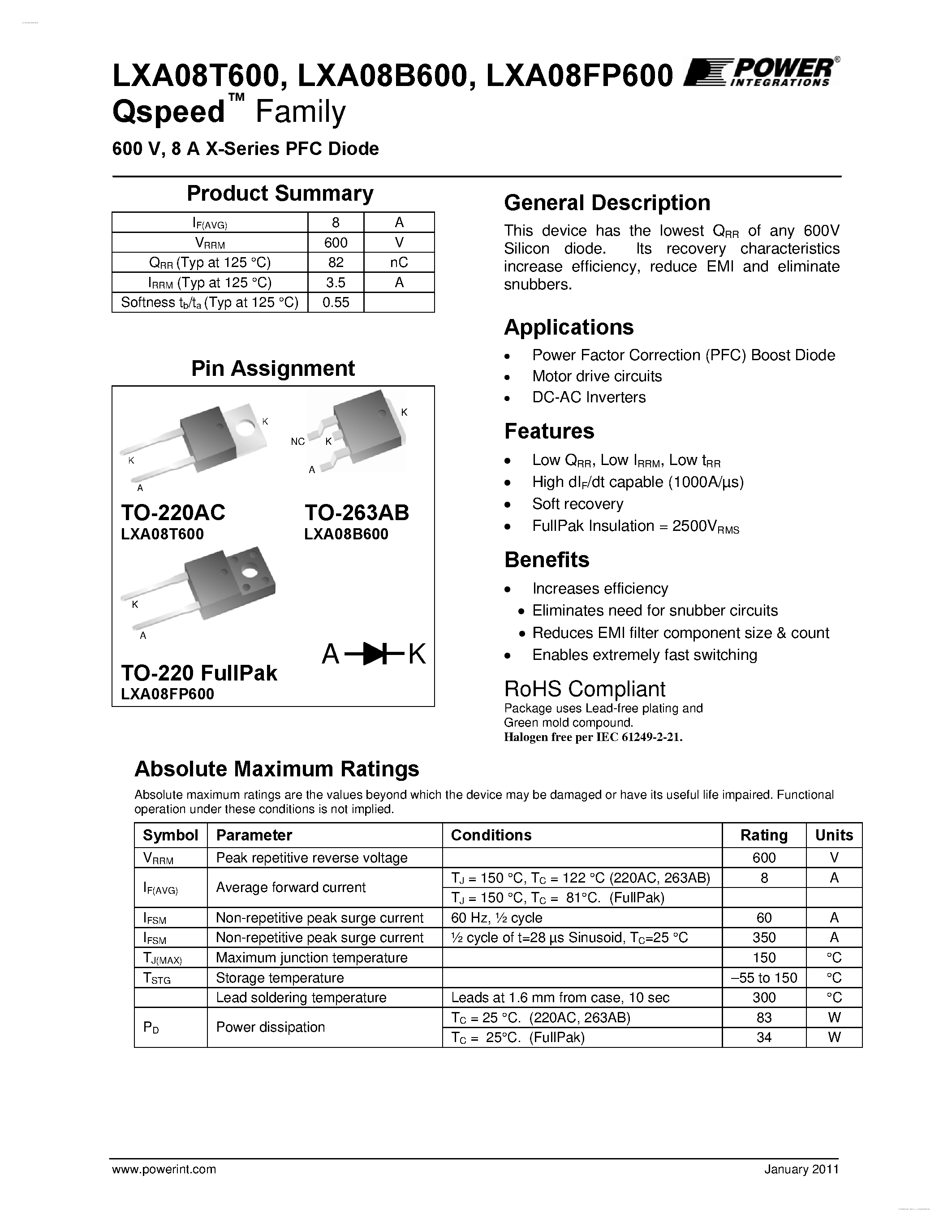 Datasheet LXA08B600 - X-Series PFC Diode page 1