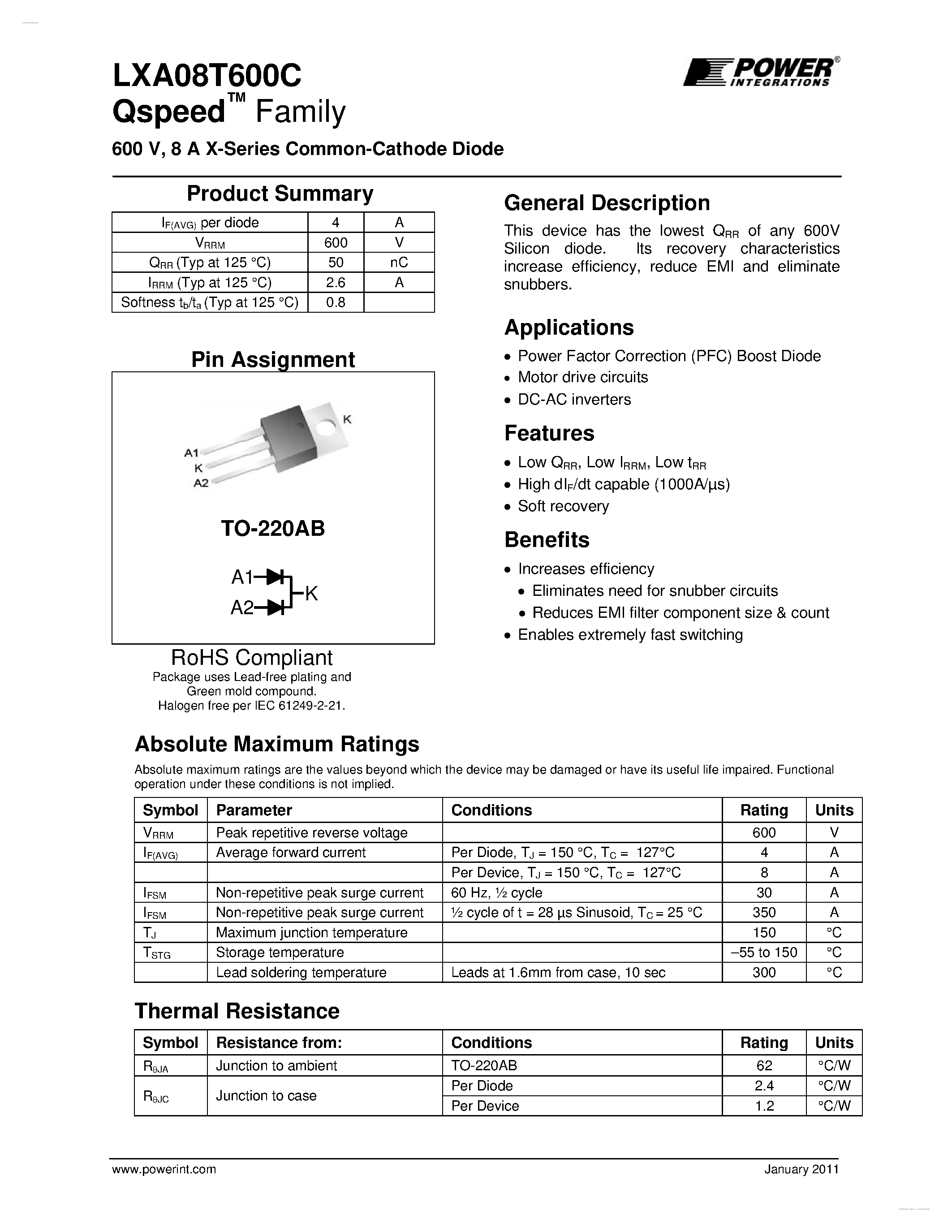 Datasheet LXA08T600C - X-Series Common-Cathode Diode page 1