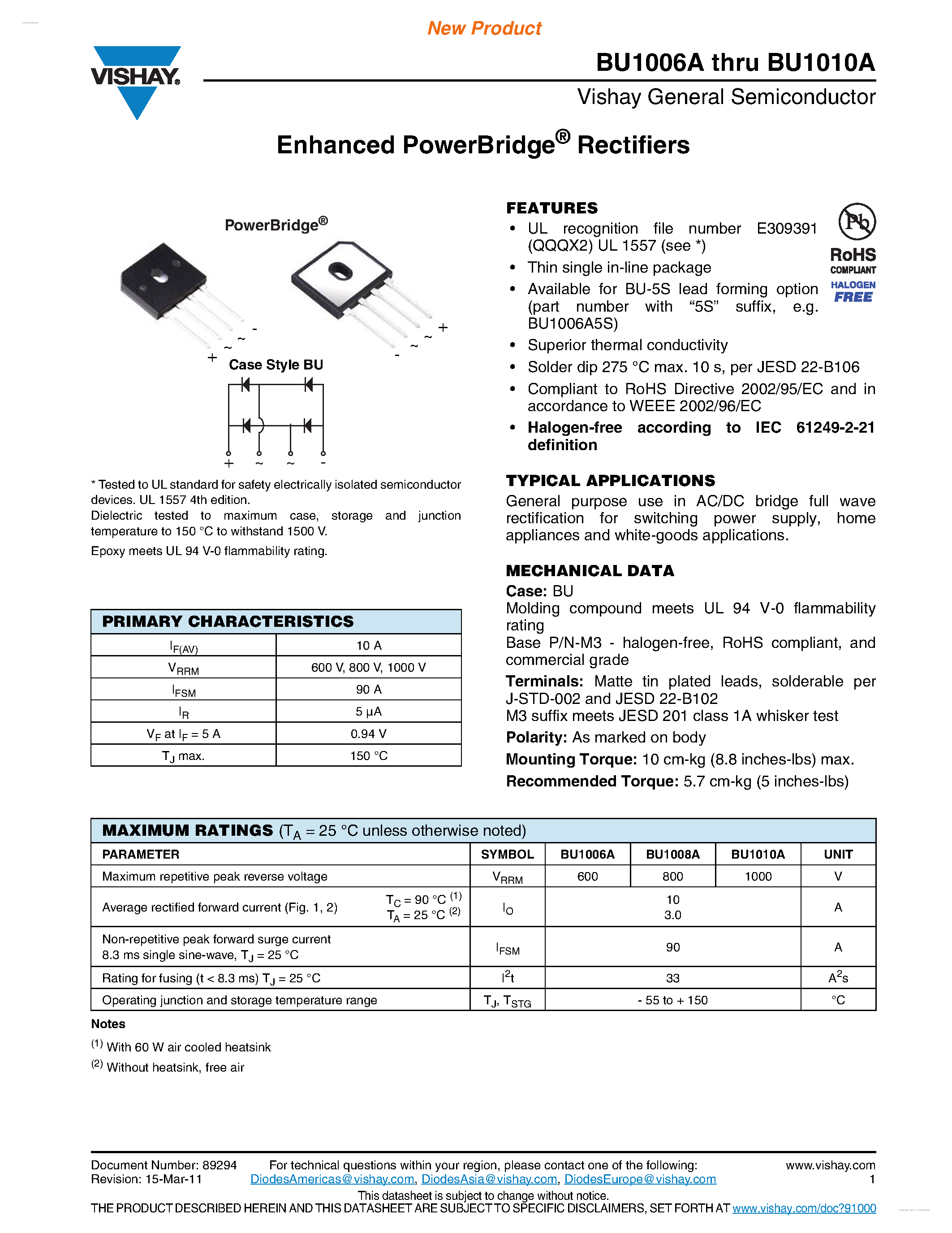 Даташит BU1006A-(BU1006A - BU1010A) Enhanced PowerBridge Rectifiers страница 1