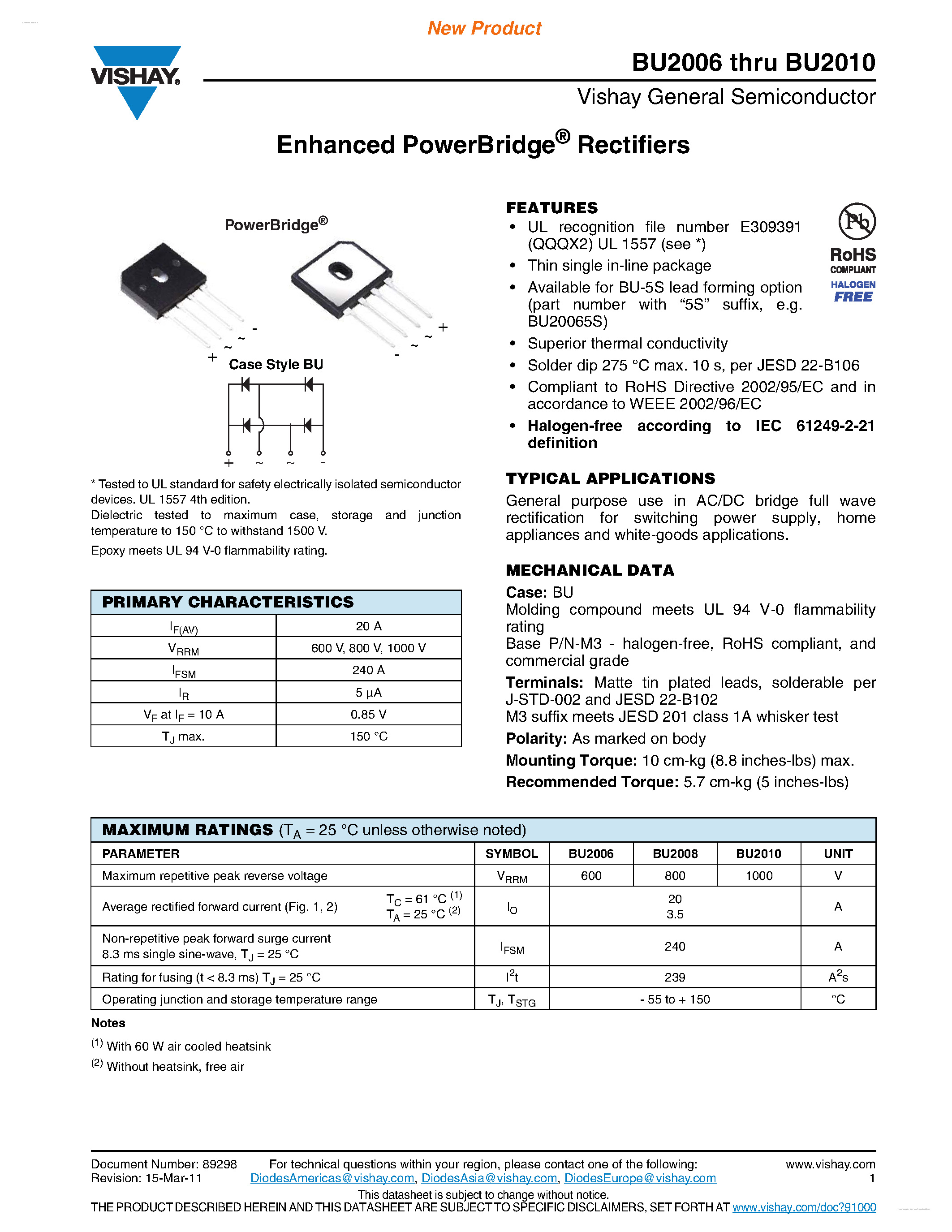 Datasheet BU2006 page 1 Datasheet BU2006 - (BU2006 - BU2010) Enhanced PowerBridge Rectifiers page 1