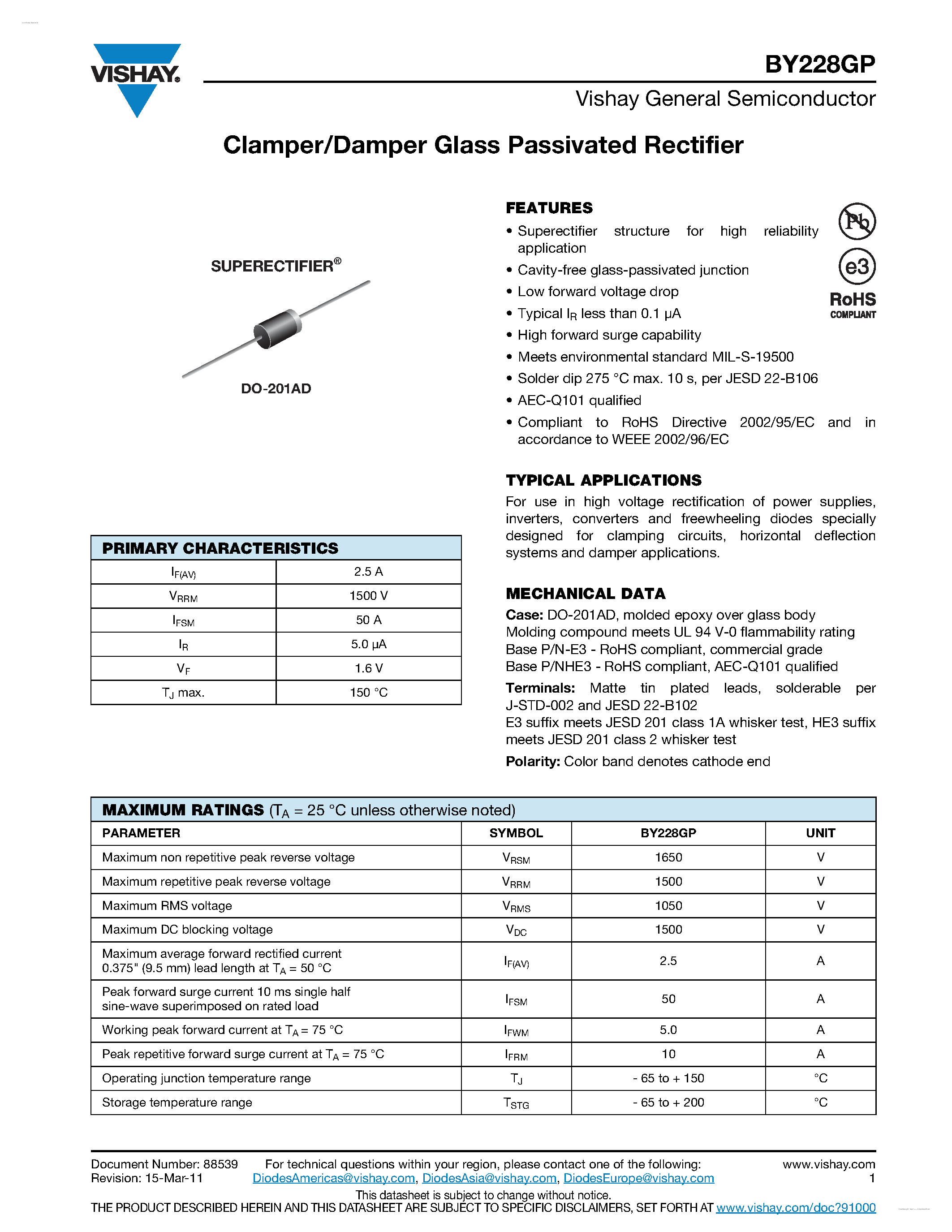 Datasheet BY228GP page 1 Datasheet BY228GP - Clamper/Damper Glass Passivated Rectifier page 1