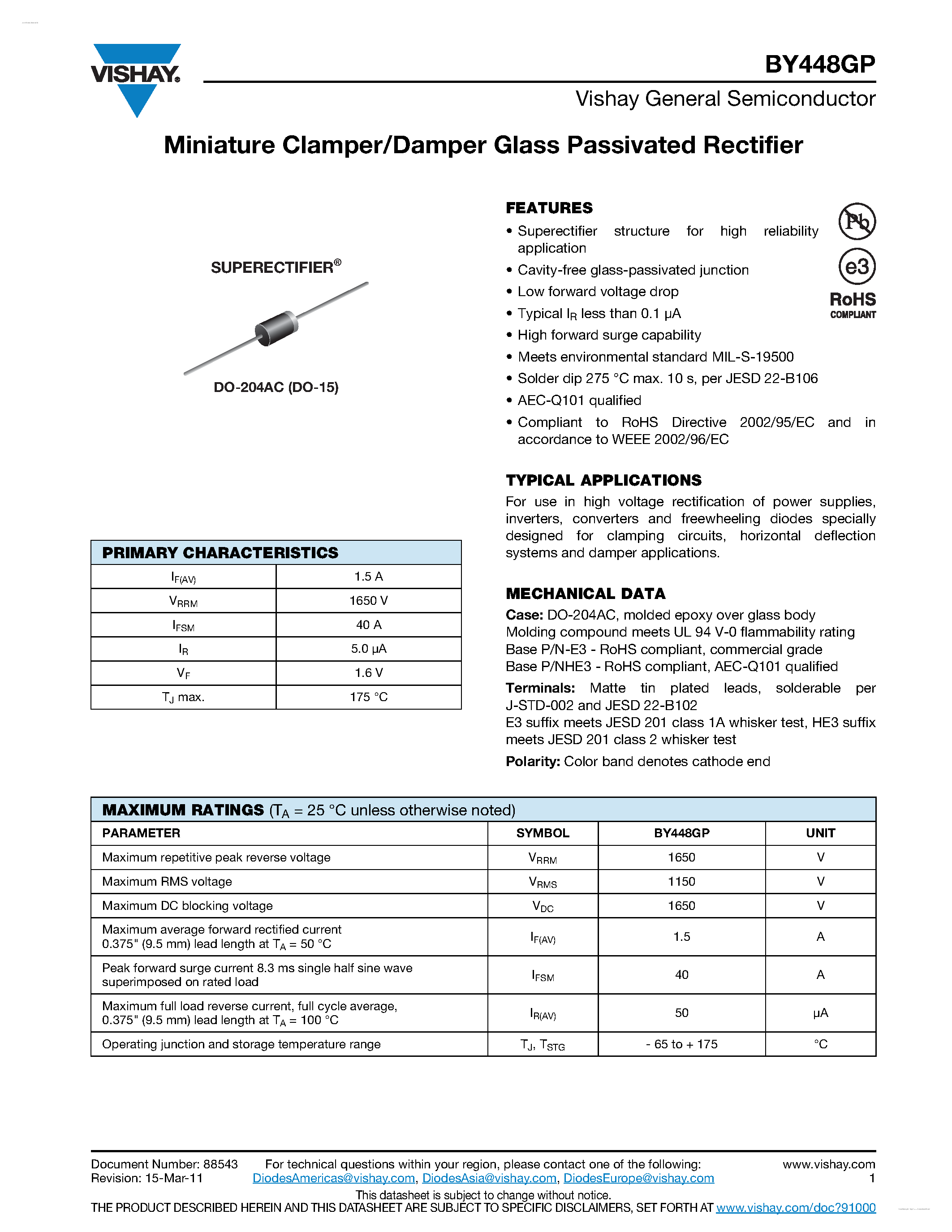 Datasheet BY448GP page 1 Datasheet BY448GP - Miniature Clamper/Damper Glass Passivated Rectifier page 1
