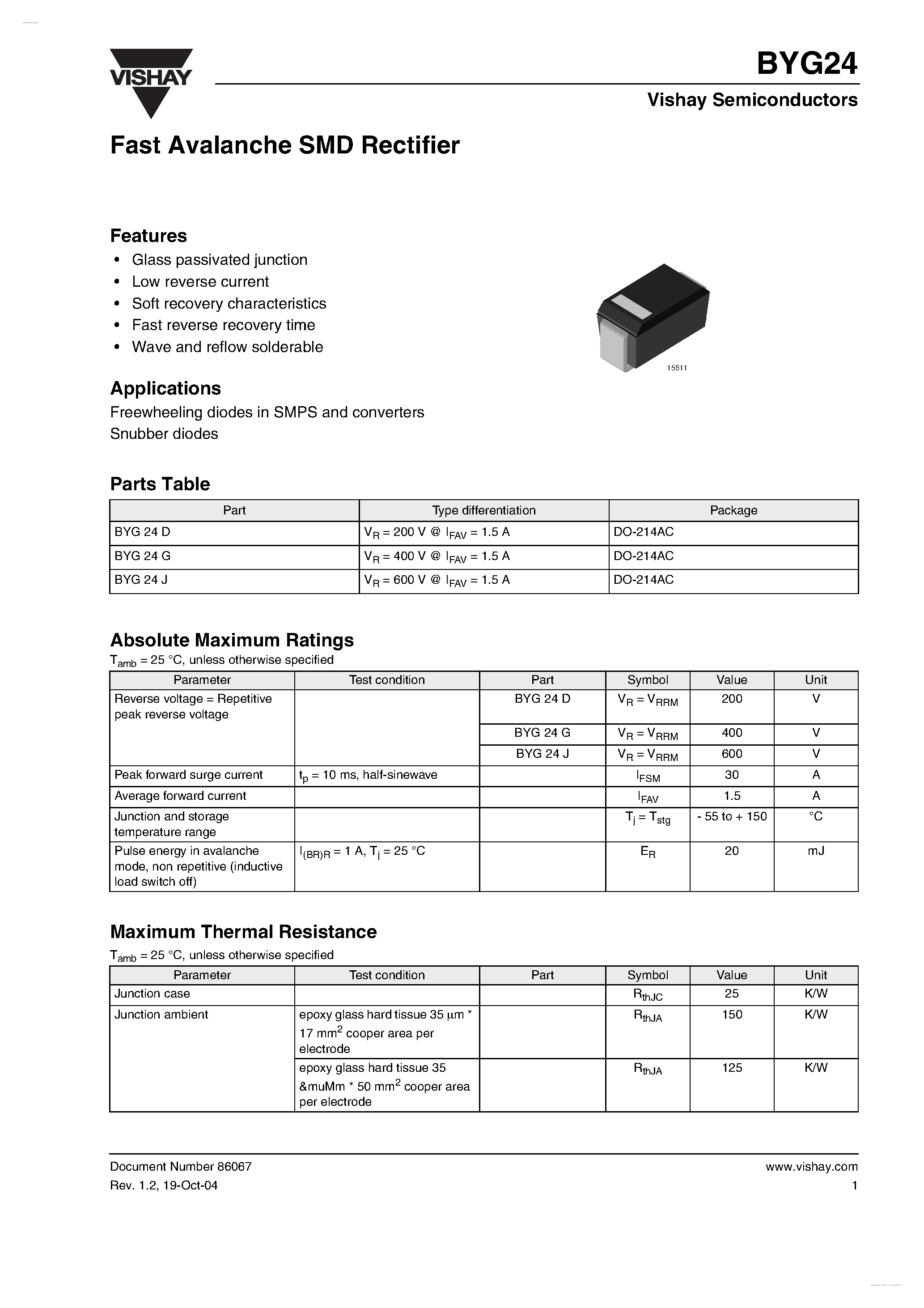 Datasheet BYG24 page 1 Datasheet BYG24 - Fast Avalanche SMD Rectifier page 1