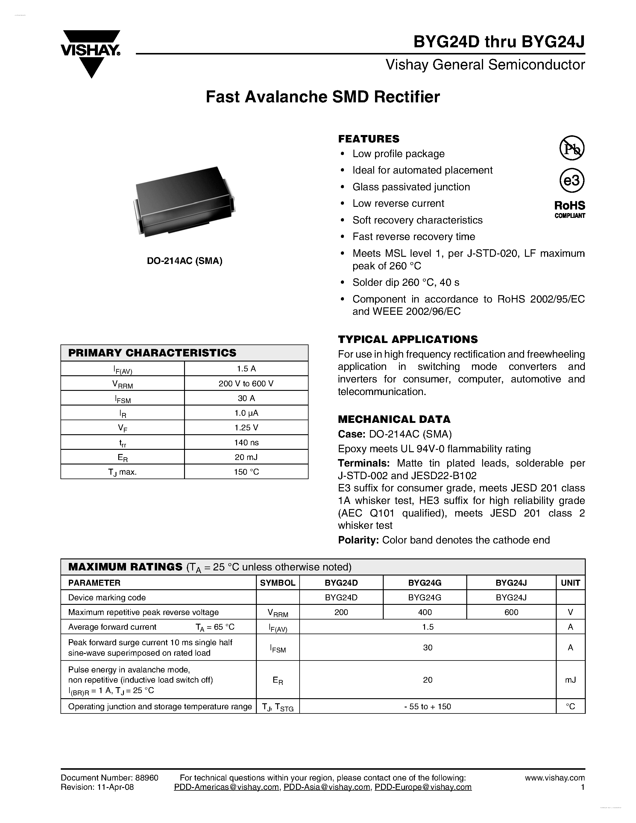 Datasheet BYG24D page 1 Datasheet BYG24D - (BYG24x) Fast Avalanche SMD Rectifier page 1