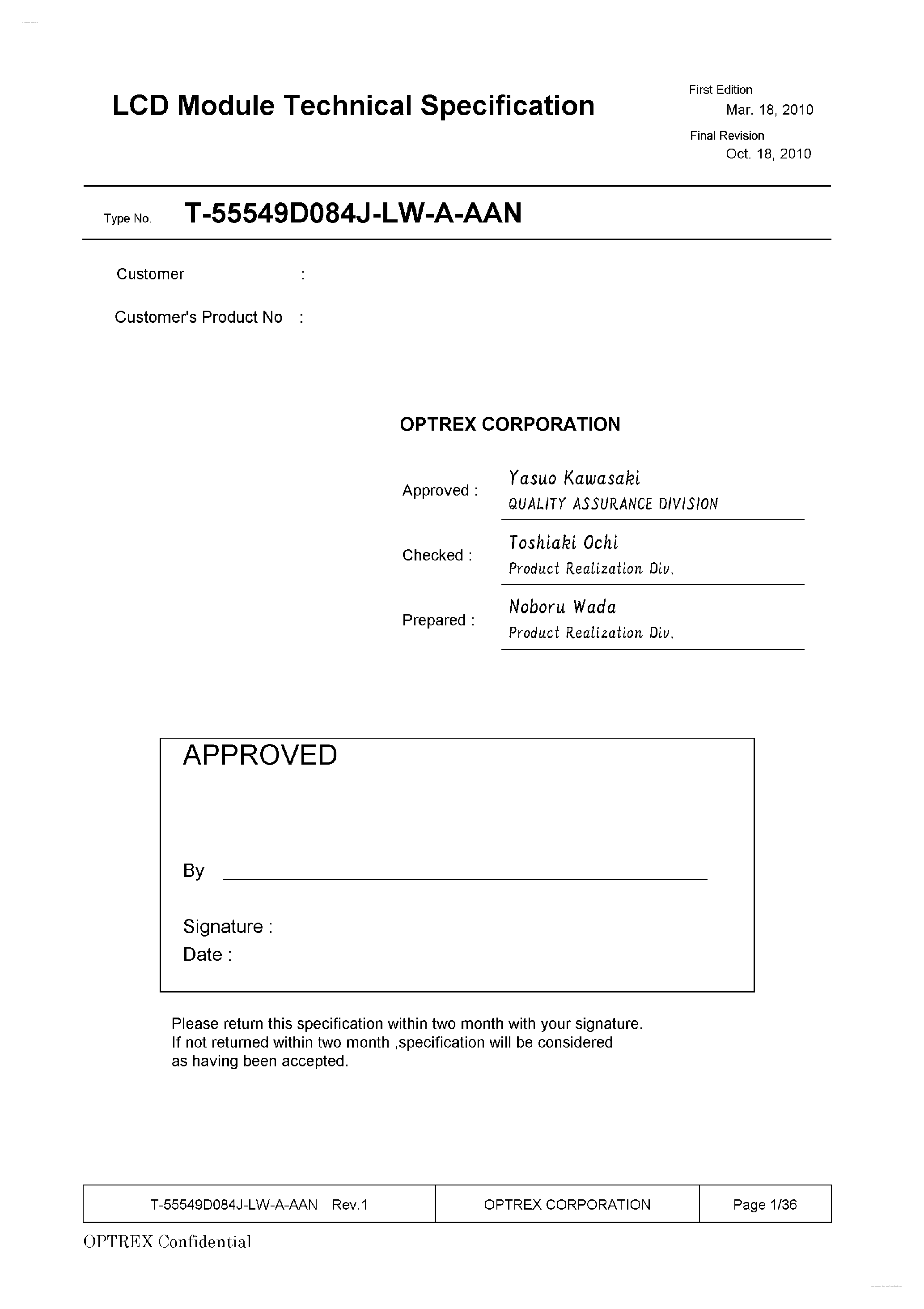 Datasheet T-55549D084J-LW-A-AAAN page 1 Datasheet T-55549D084J-LW-A-AAAN - Display Module page 1