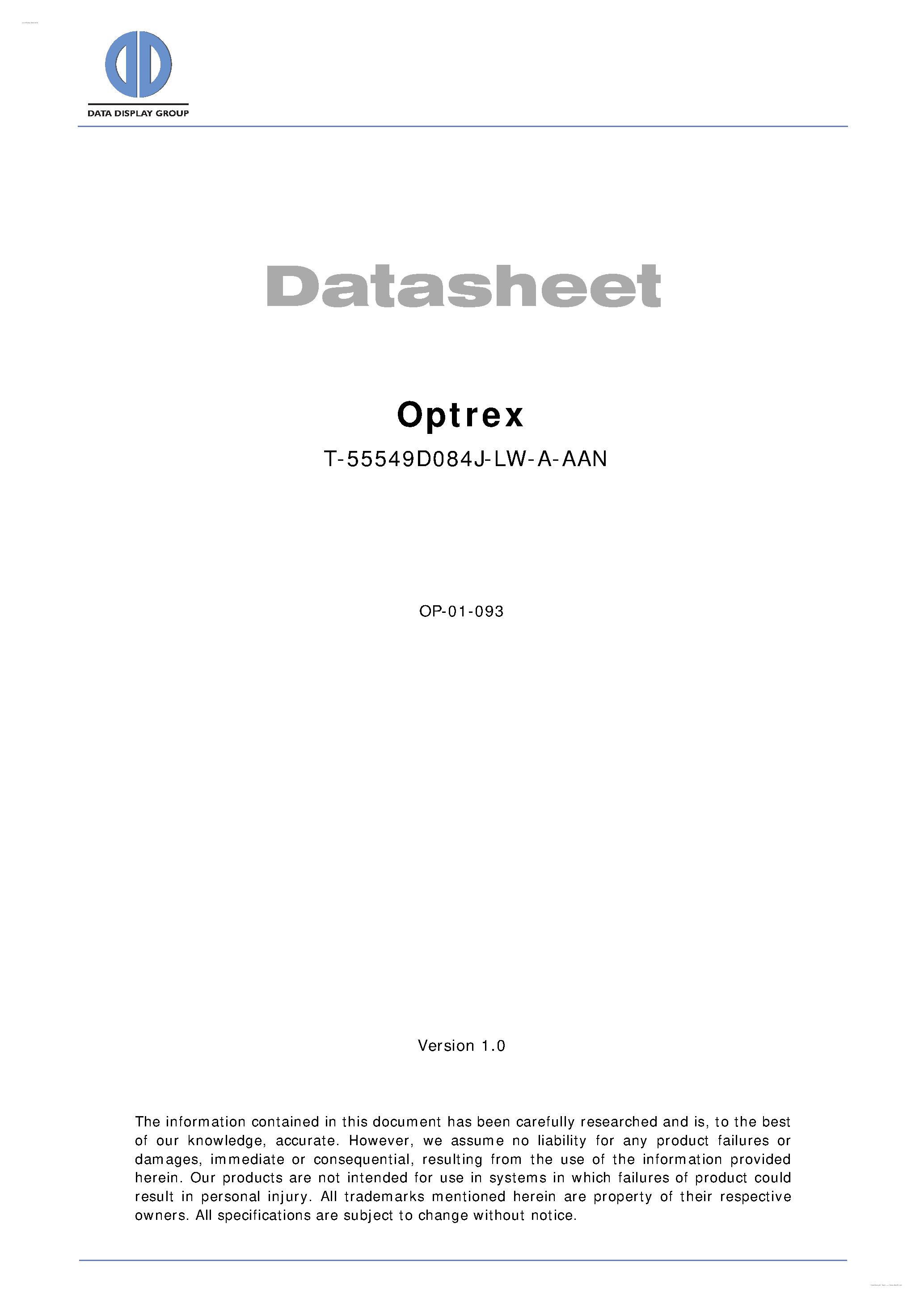 Datasheet T-55549D084J-LW-A-AAN - Display Module page 1