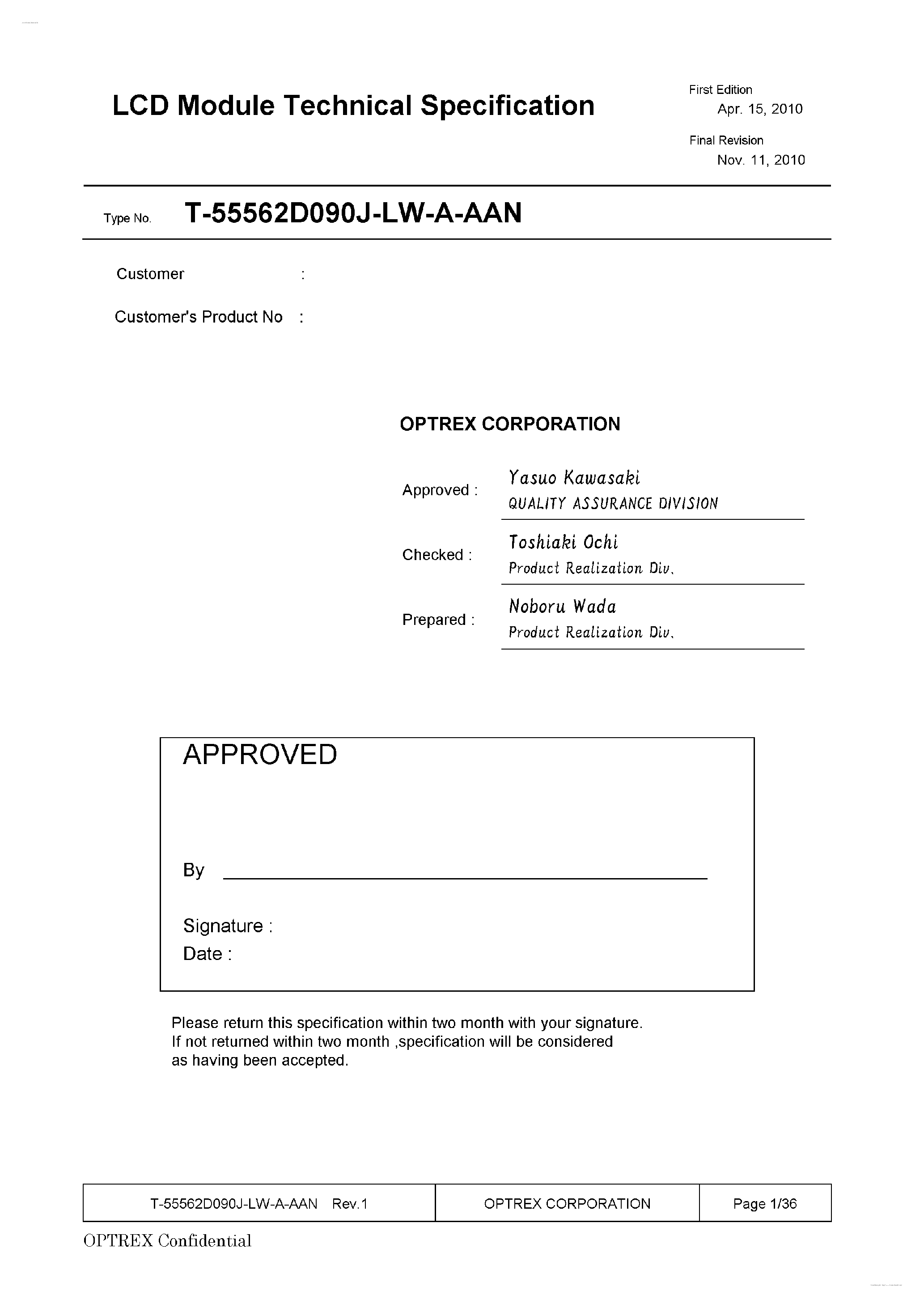 Datasheet T-55562D090J-LW-A-AAN - Display Module page 1