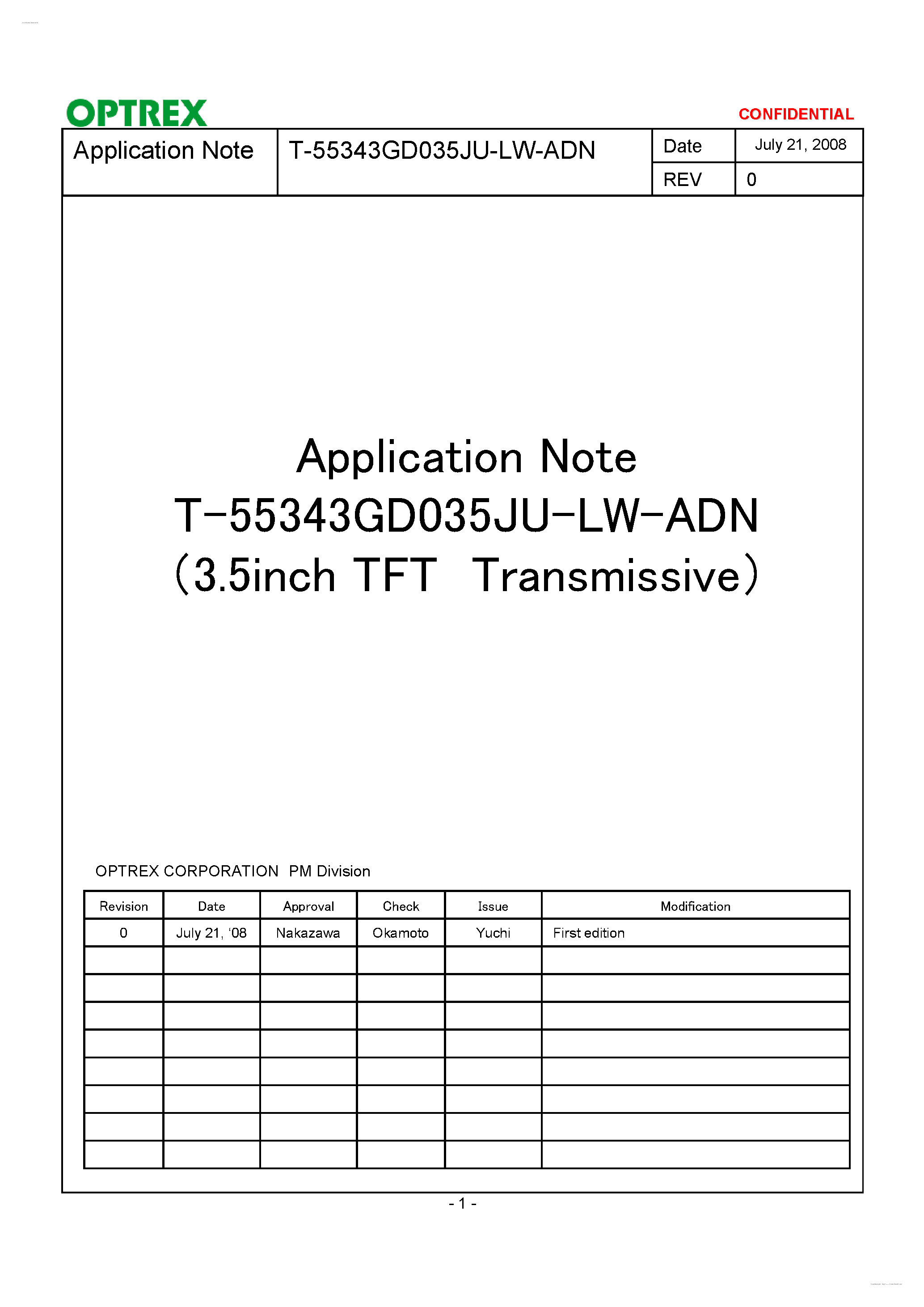 Datasheet T-55343GD035JU-LW-ADN page 1 Datasheet T-55343GD035JU-LW-ADN - Display Module page 1