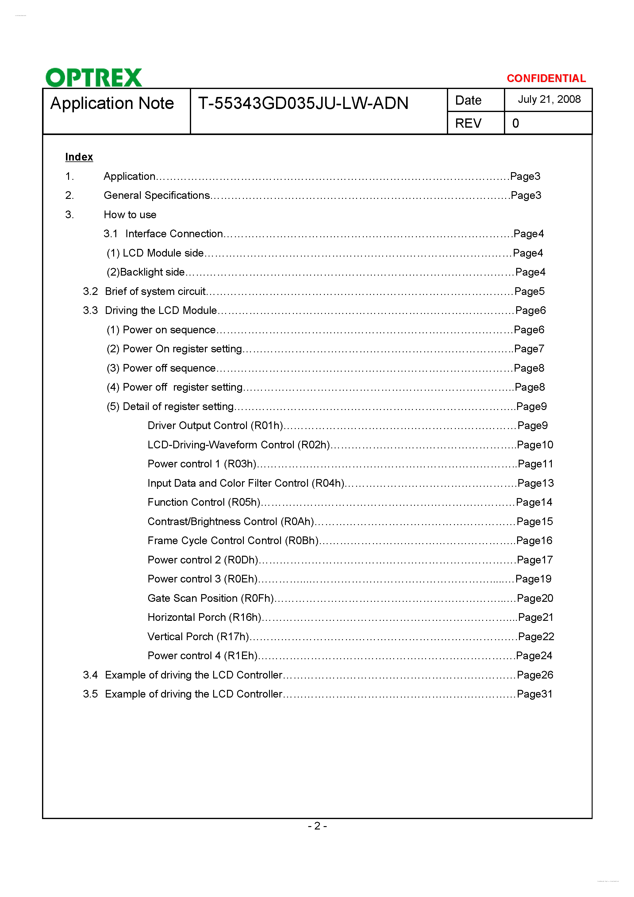 Datasheet T-55343GD035JU-LW-ADN page 2 Datasheet T-55343GD035JU-LW-ADN - Display Module page 2