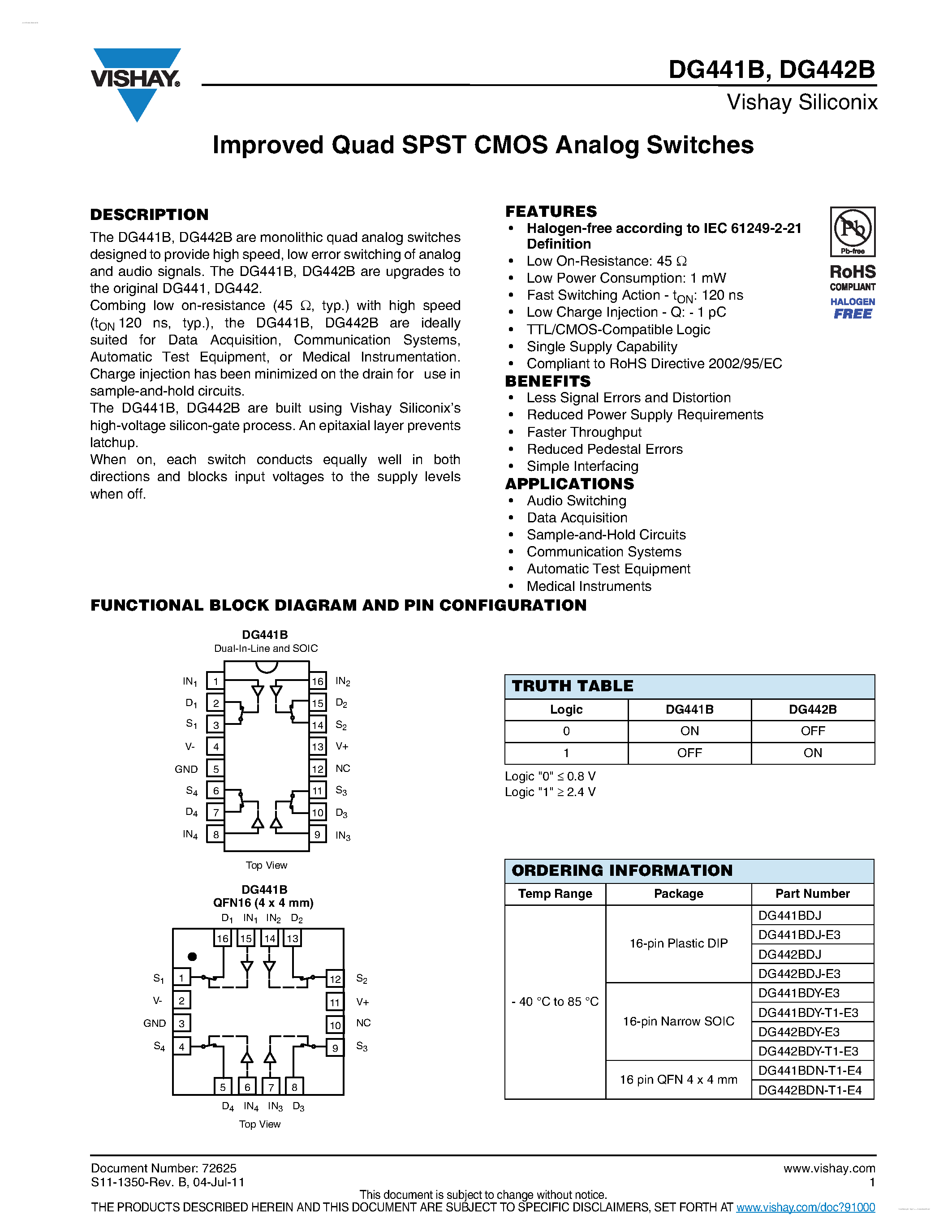 Даташит DG441B - (DG441B / DG442B) Improved Quad SPST CMOS Analog Switches страница 1